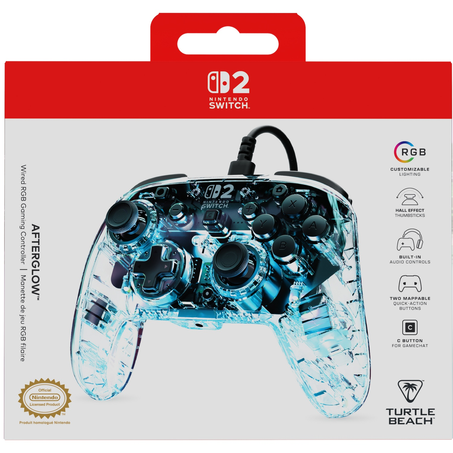Une manette Nintendo Switch transparente et lumineuse de couleur bleue avec le logo Afterglow.