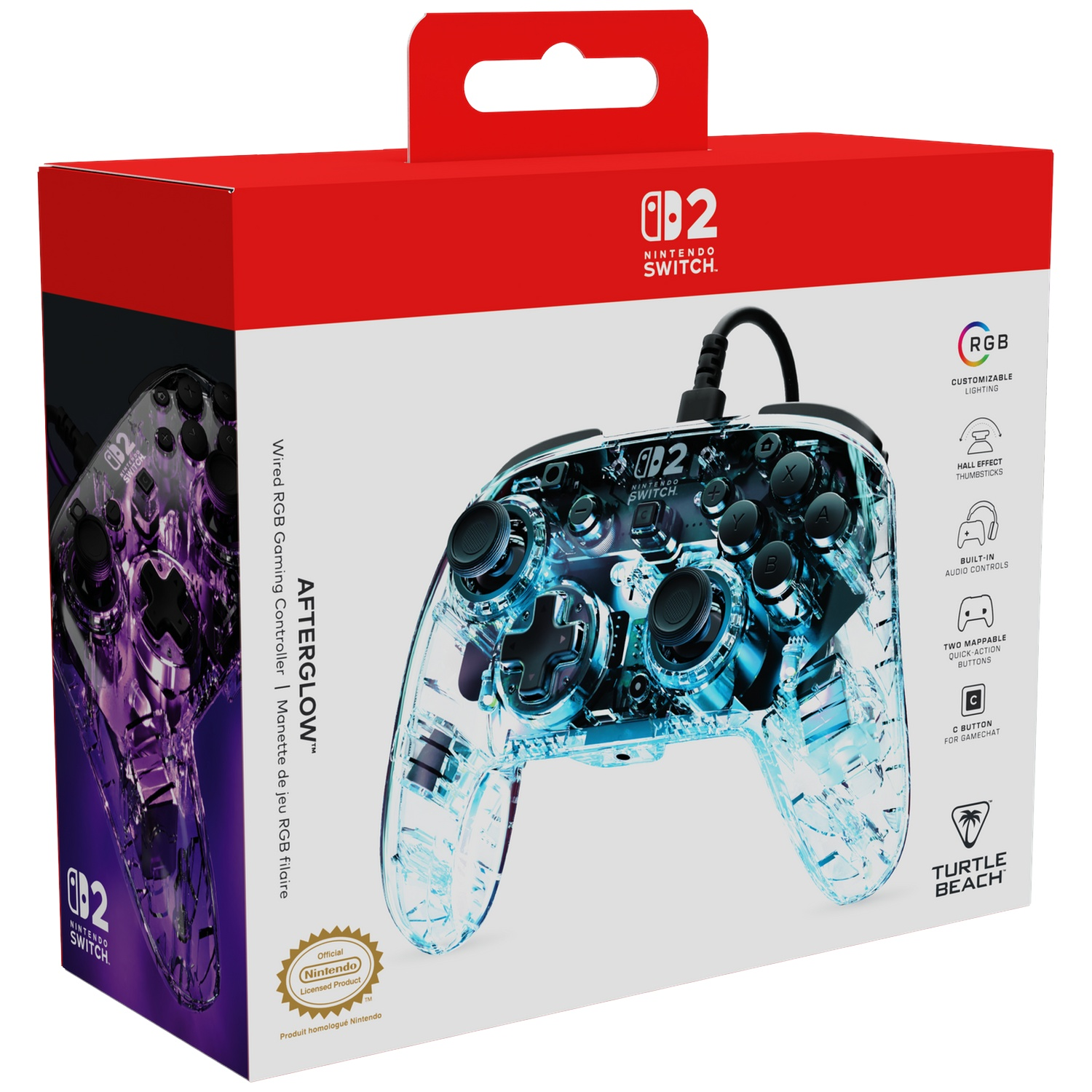 Manette transparente Nintendo Switch avec lumières bleues sur emballage rouge.