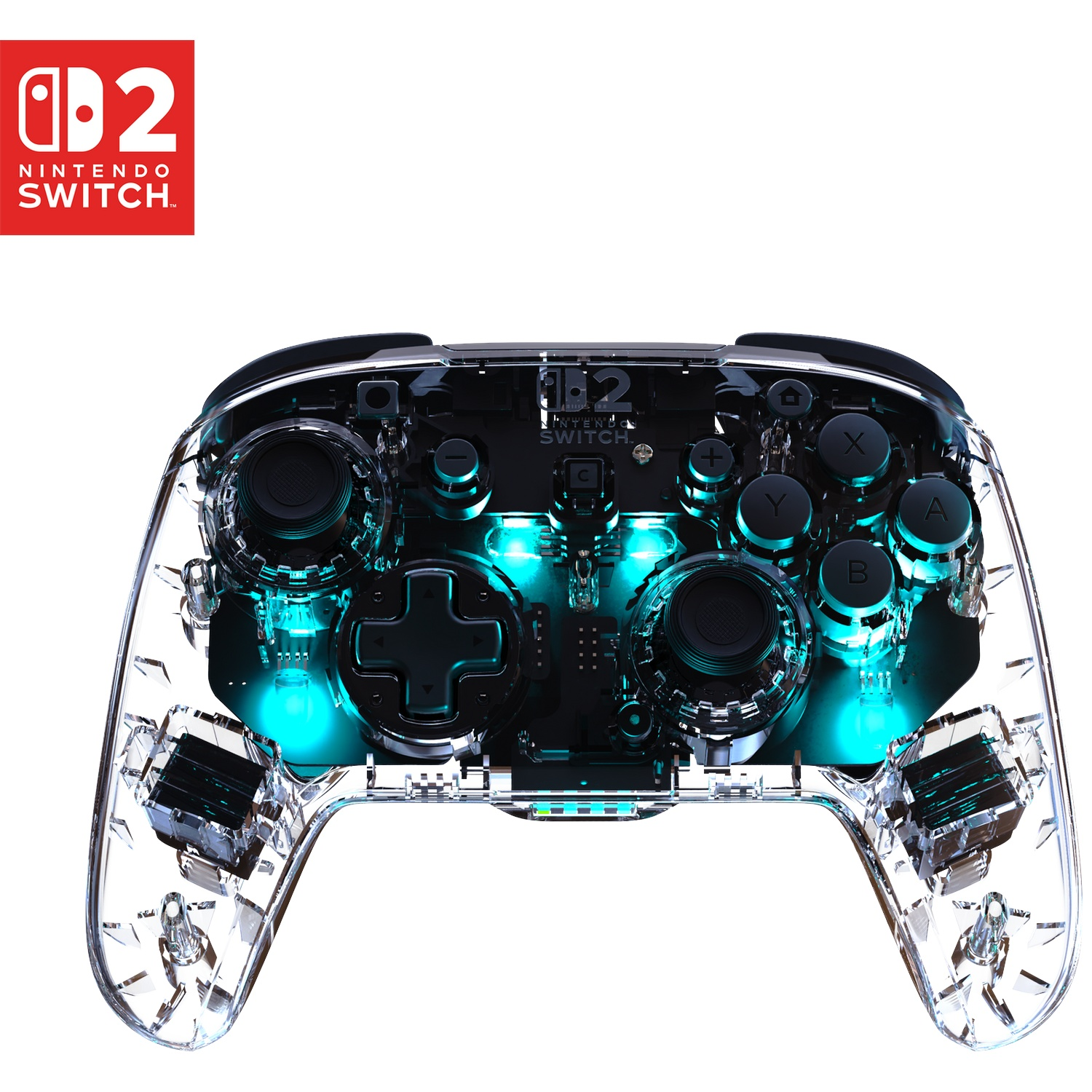 Manette transparente Nintendo Switch avec éclairage LED bleu.