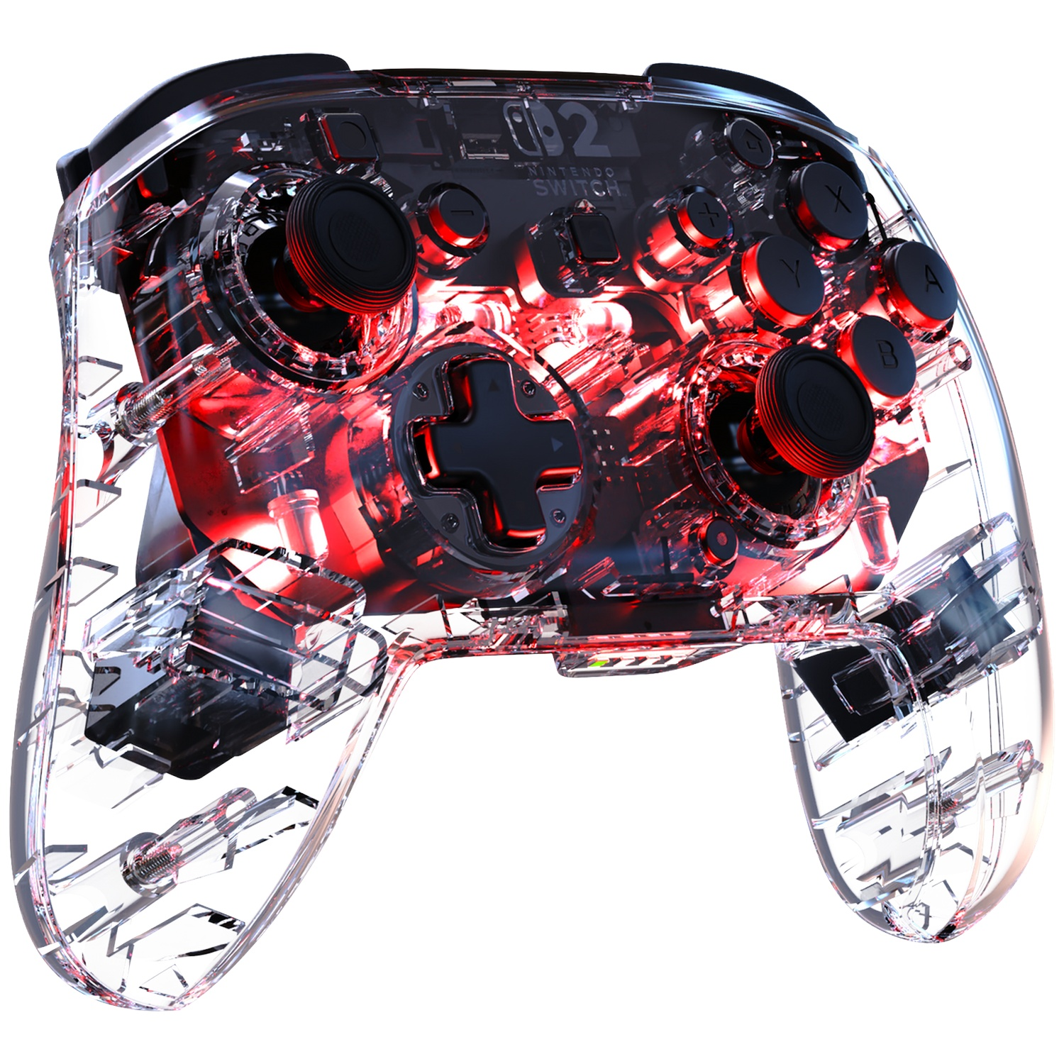 Manette transparente Nintendo Switch avec lumières internes rouges et boutons noirs.