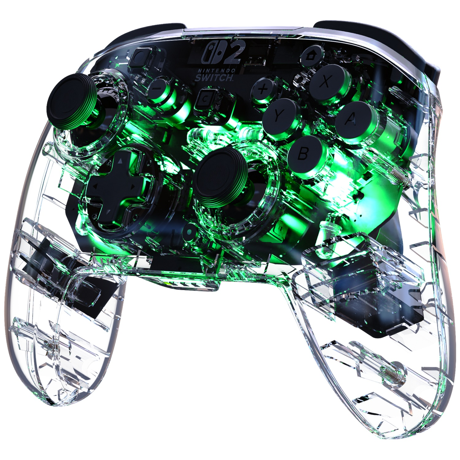 Manette Nintendo Switch transparente avec composants internes verts lumineux.