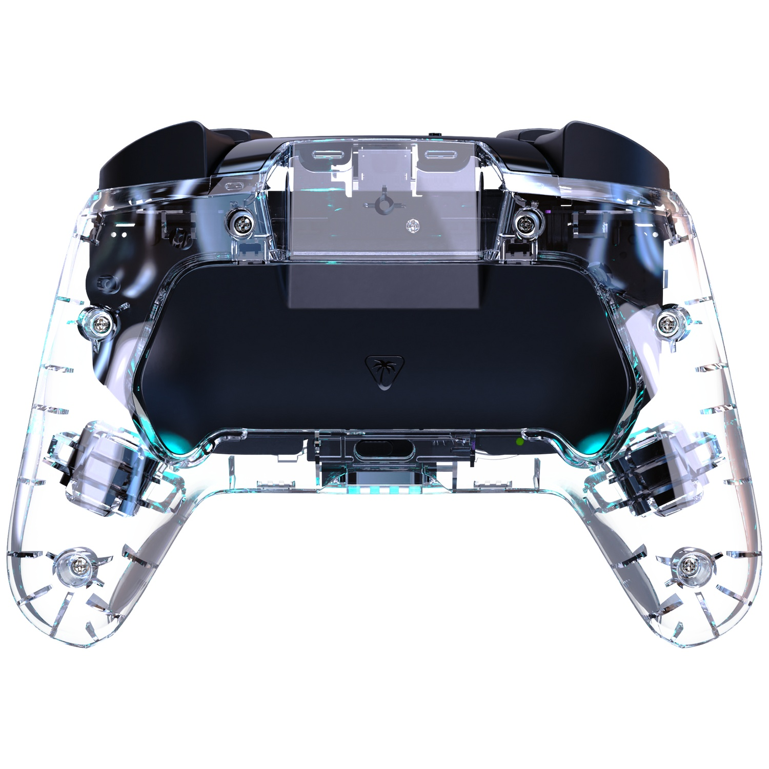 Manette transparente montrant les composants internes et des accents bleus.