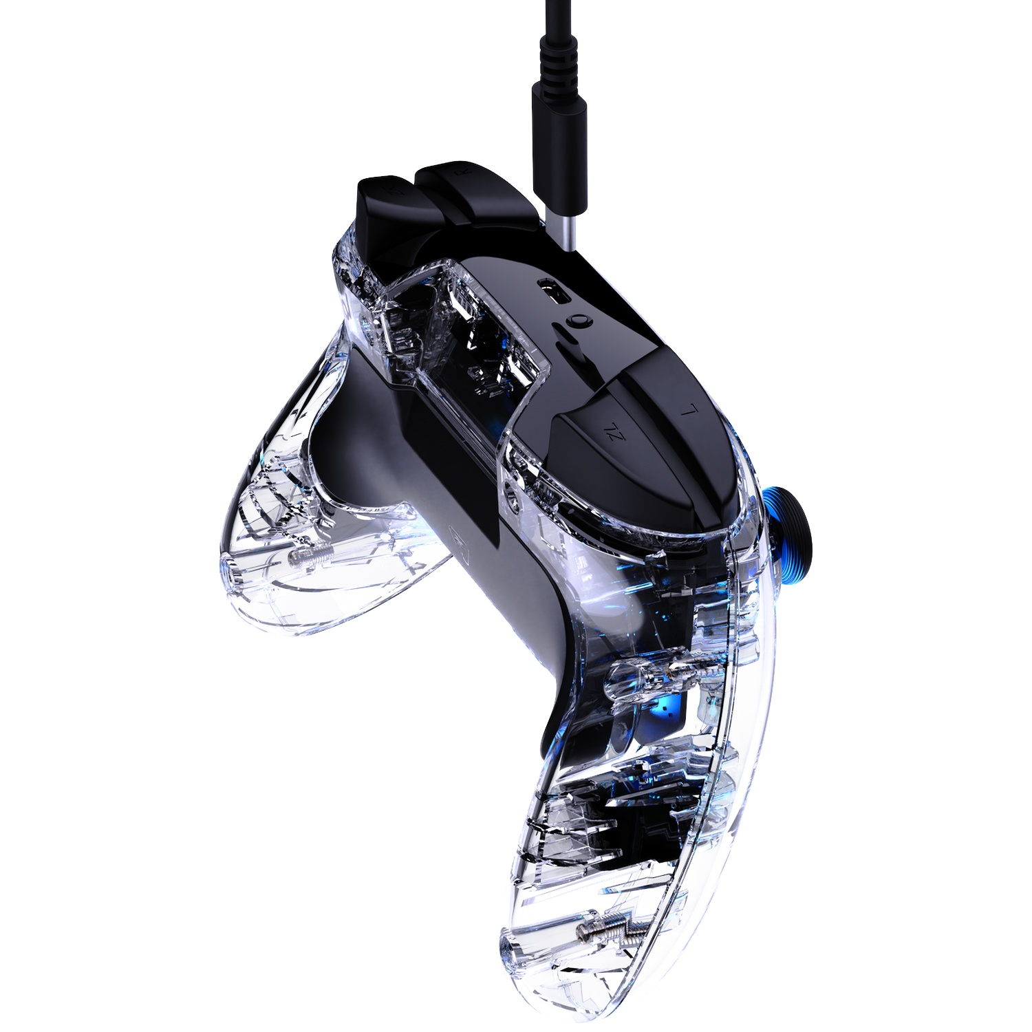 Manette de jeu transparente avec composants internes visibles, reliée par un câble noir.