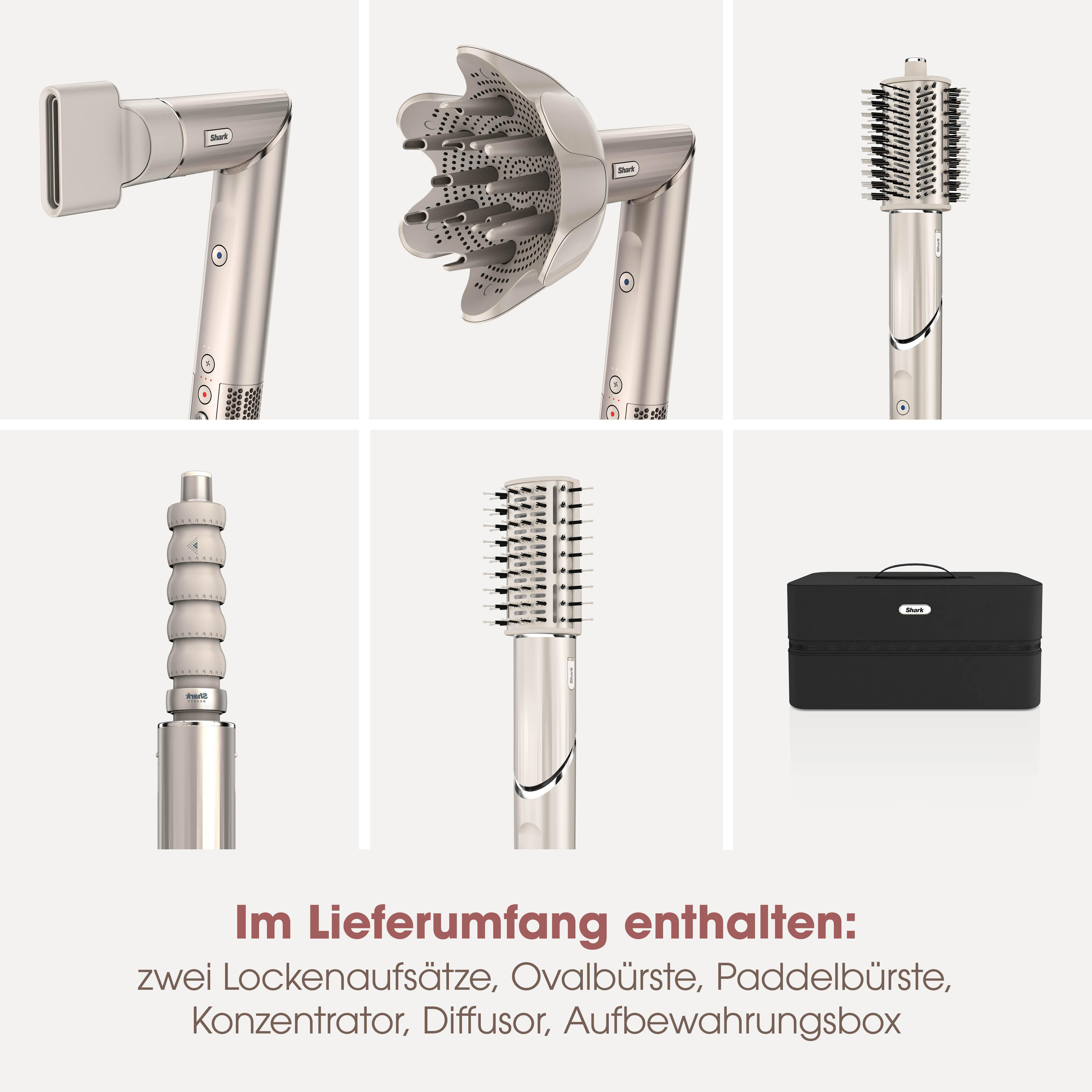 Fünf Zubehörteile für Haartrockner und eine schwarze Aufbewahrungsbox.