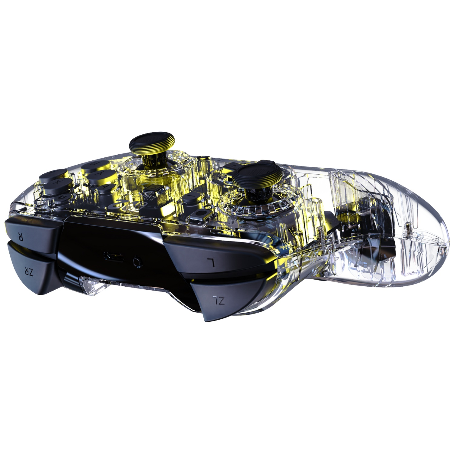 Manette transparente avec lumières internes jaunes et boutons noirs.