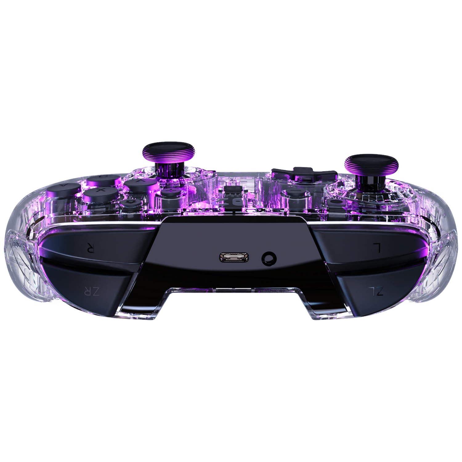 Manette transparente avec éclairage violet, deux joysticks et boutons.