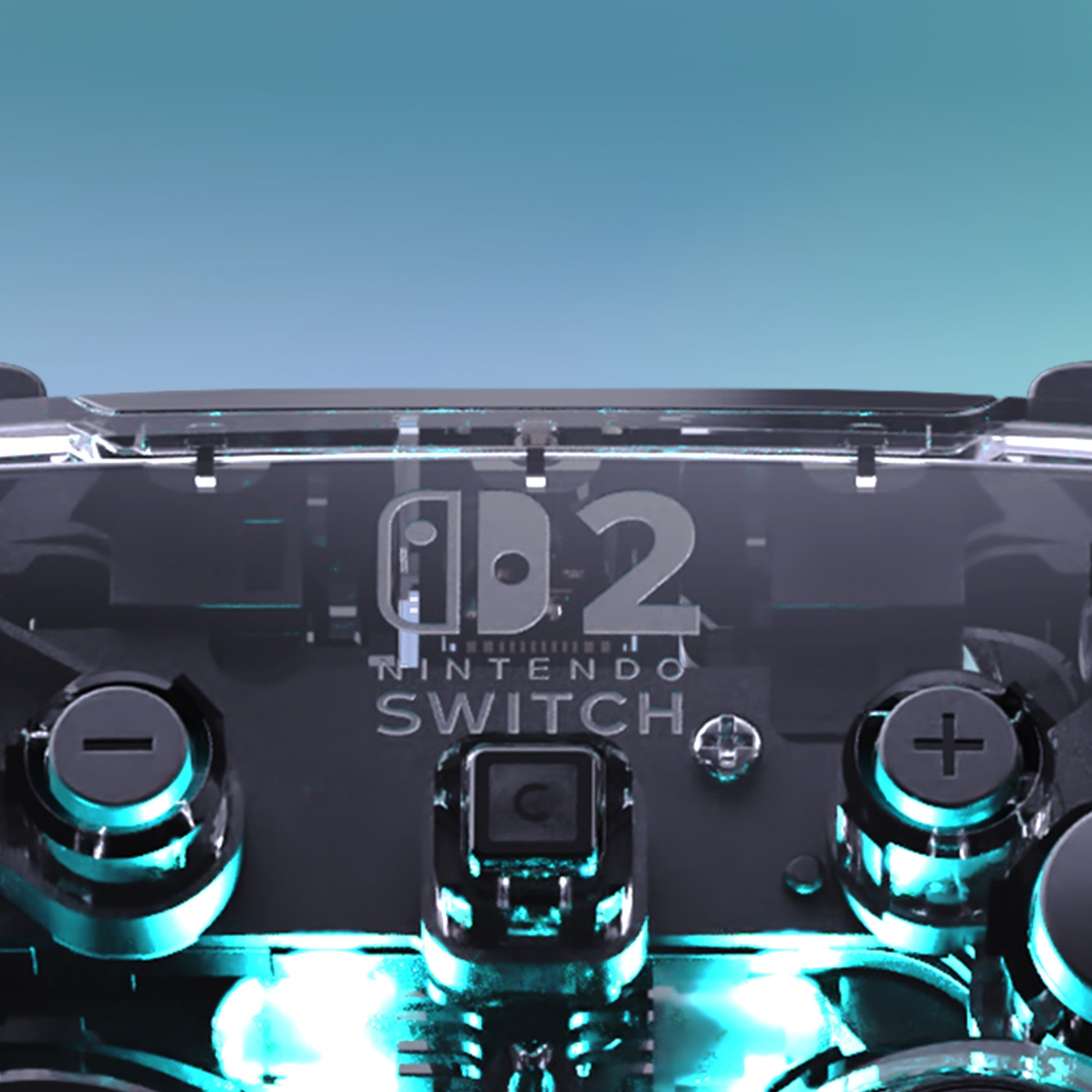 Manette Nintendo Switch avec boîtier transparent et éclairage bleu.