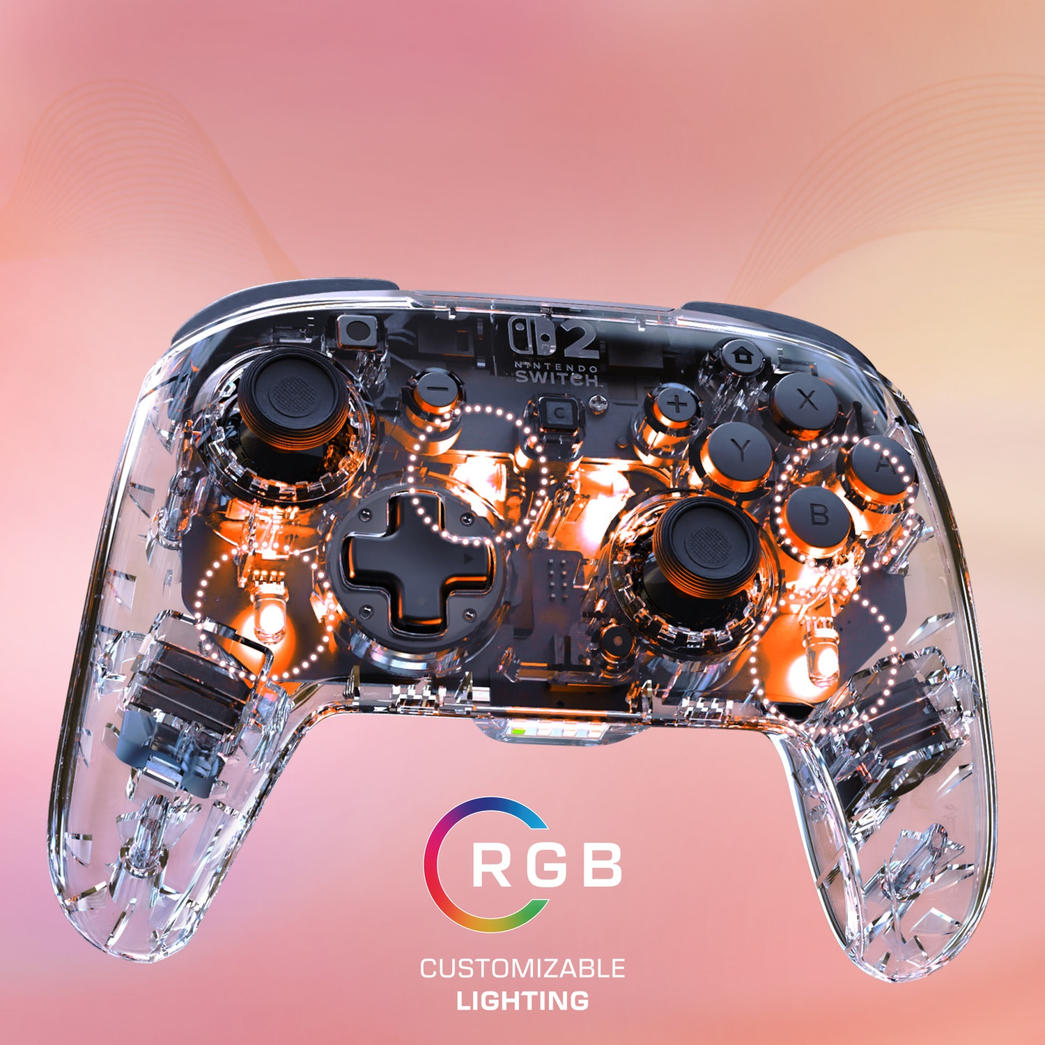 Manette transparente avec composants internes éclairés et logo RVB.