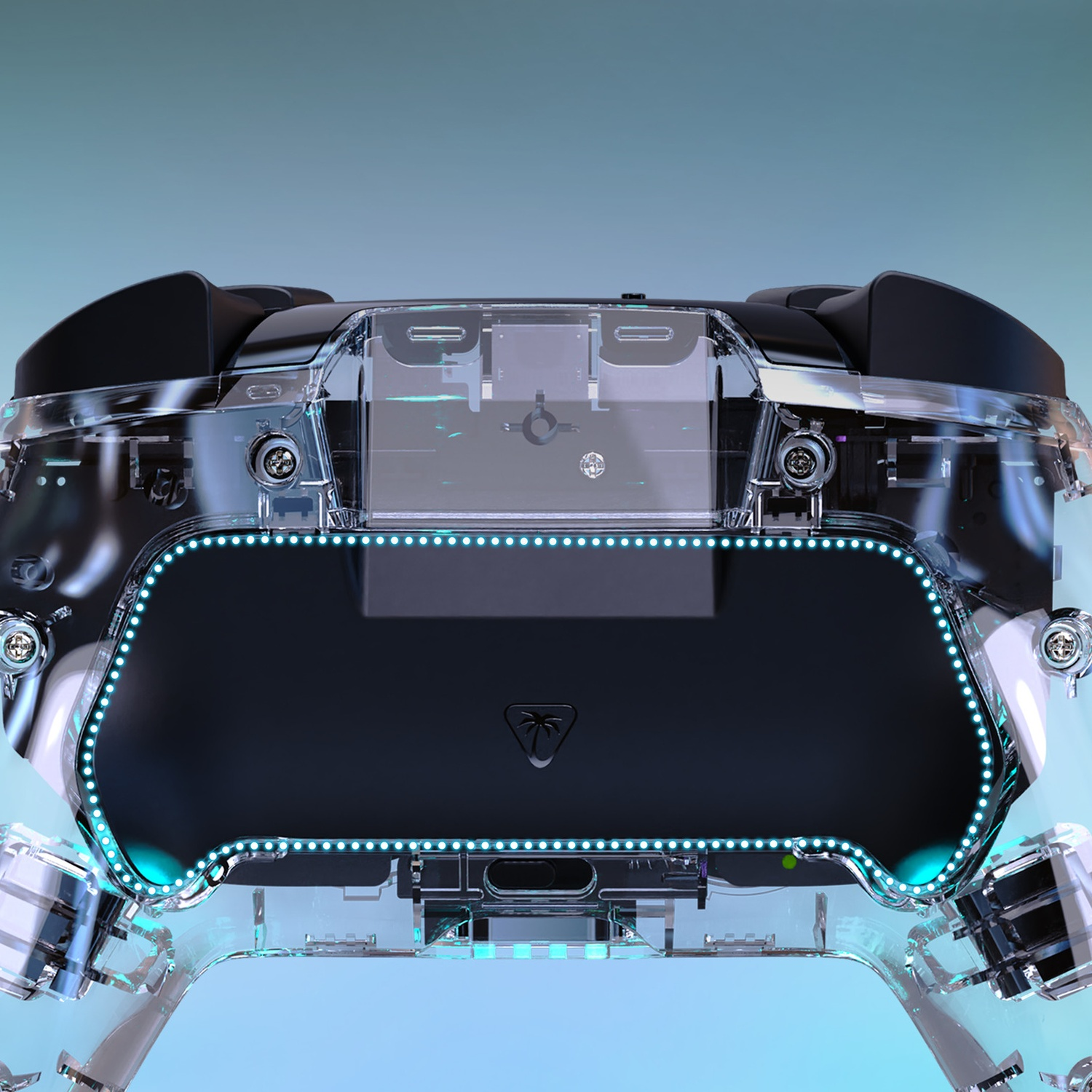 Une manette transparente avec des lumières bleues et des accents noirs.