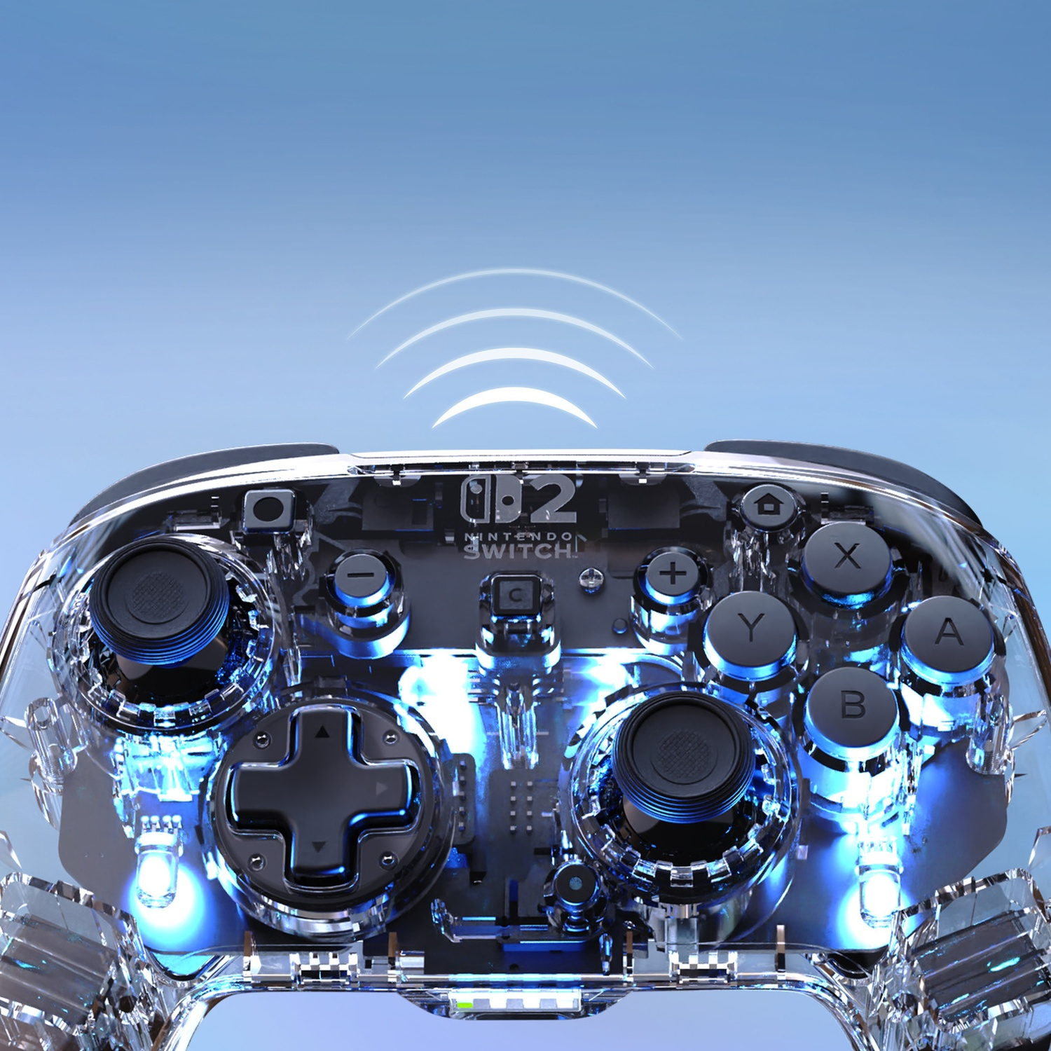 Manette transparente Nintendo Switch avec lumières bleues et symbole d'onde.