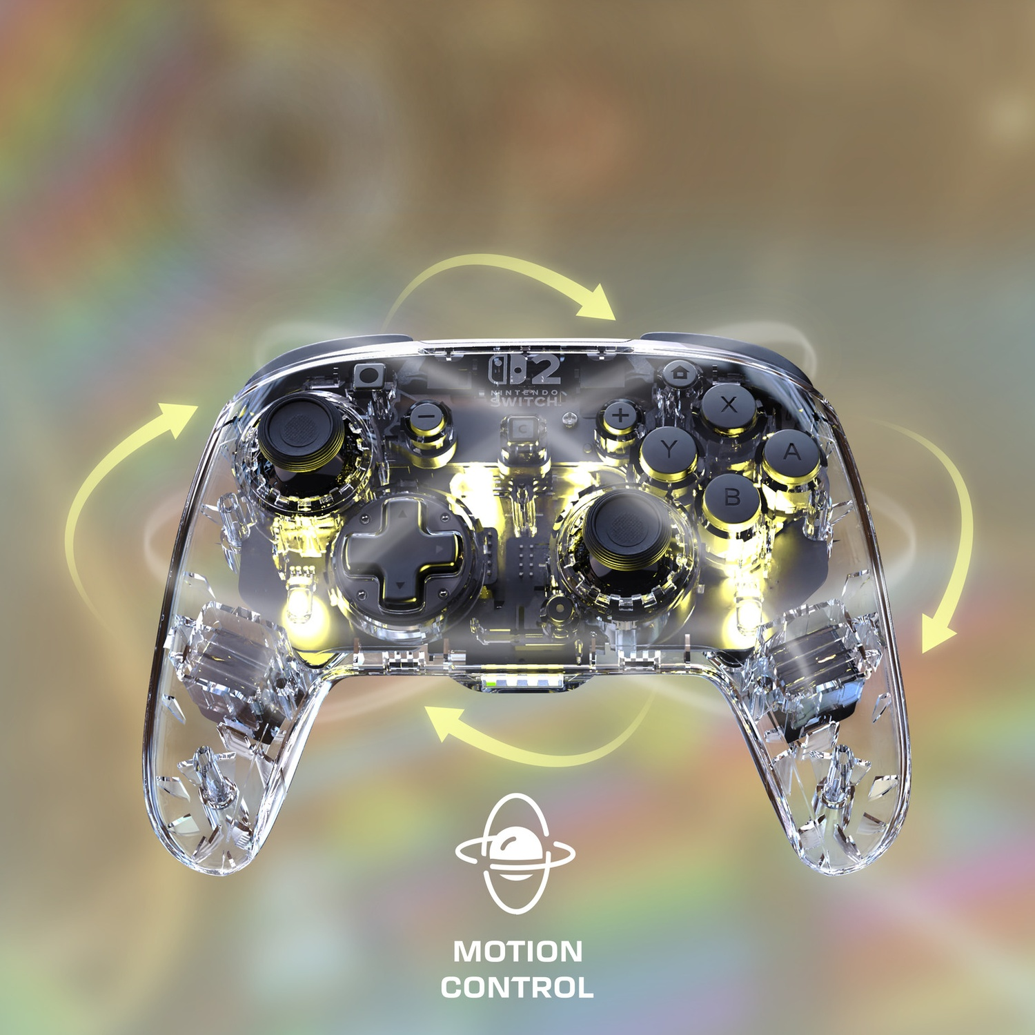 Manette transparente avec des flèches jaunes indiquant le mouvement.