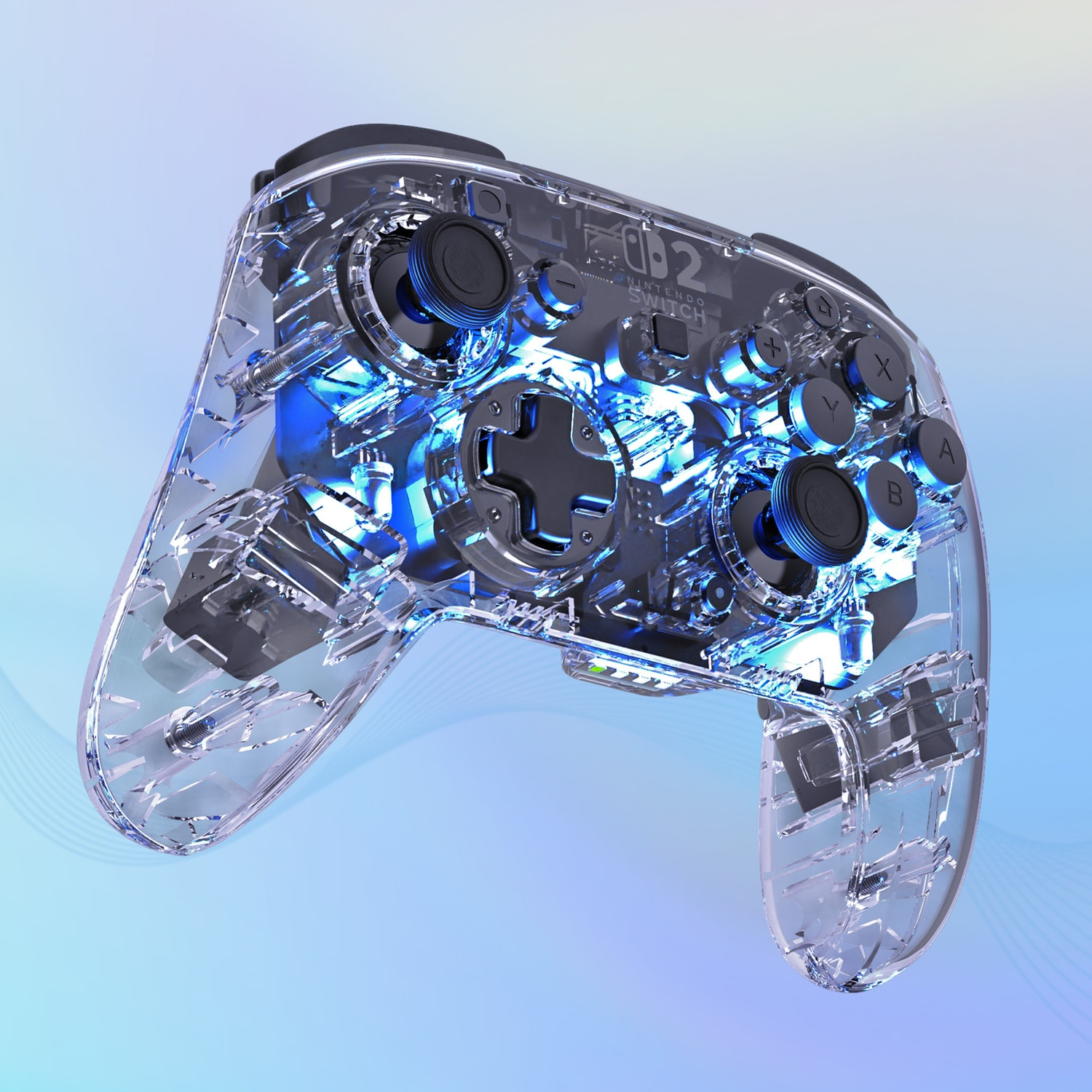 Une manette transparente avec des lumières bleues, flottant sur un fond bleu.