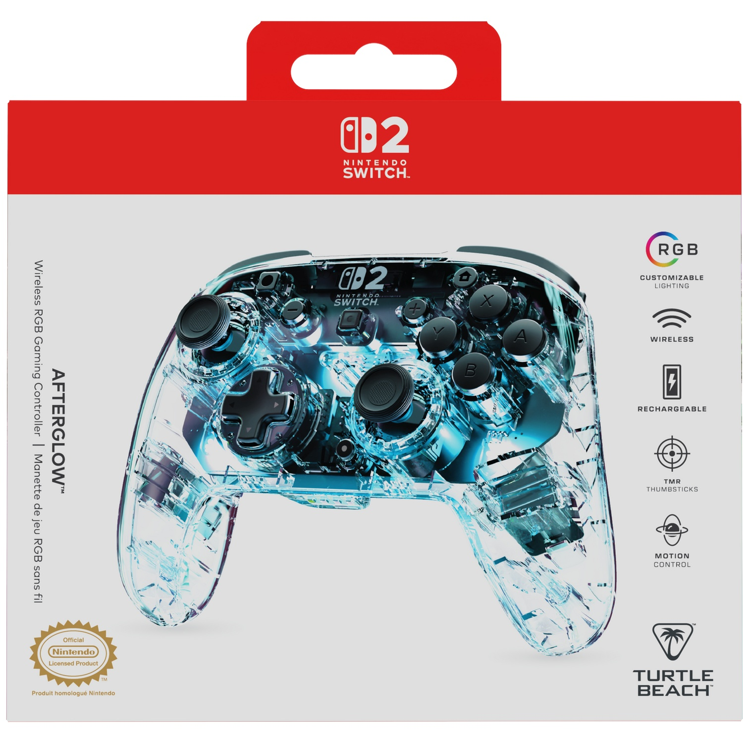 Une manette Nintendo Switch transparente et bleu lumineux avec éclairage RVB.