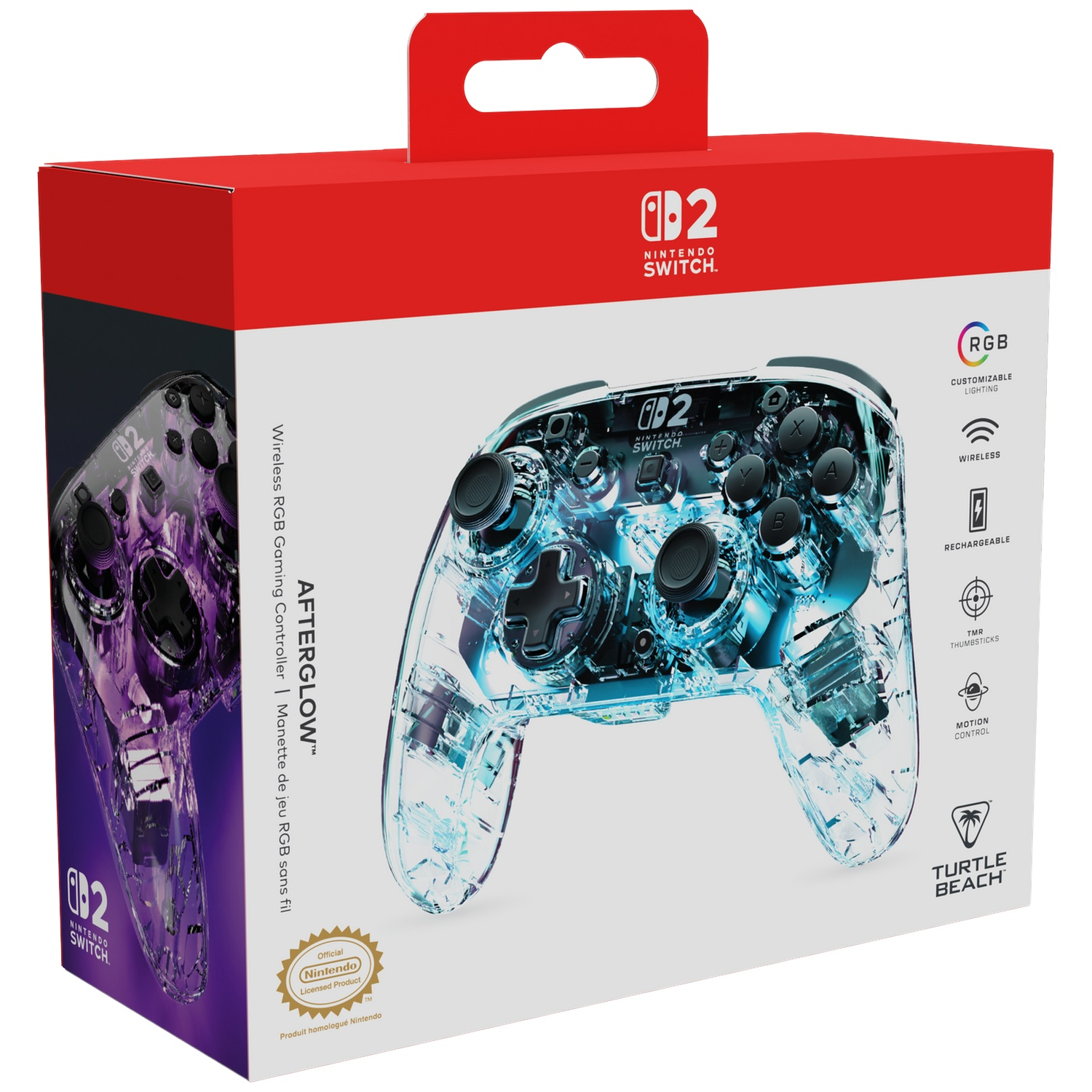 Boîte d'une manette Nintendo Switch transparente, éclairée en bleu, avec éclairage RVB.
