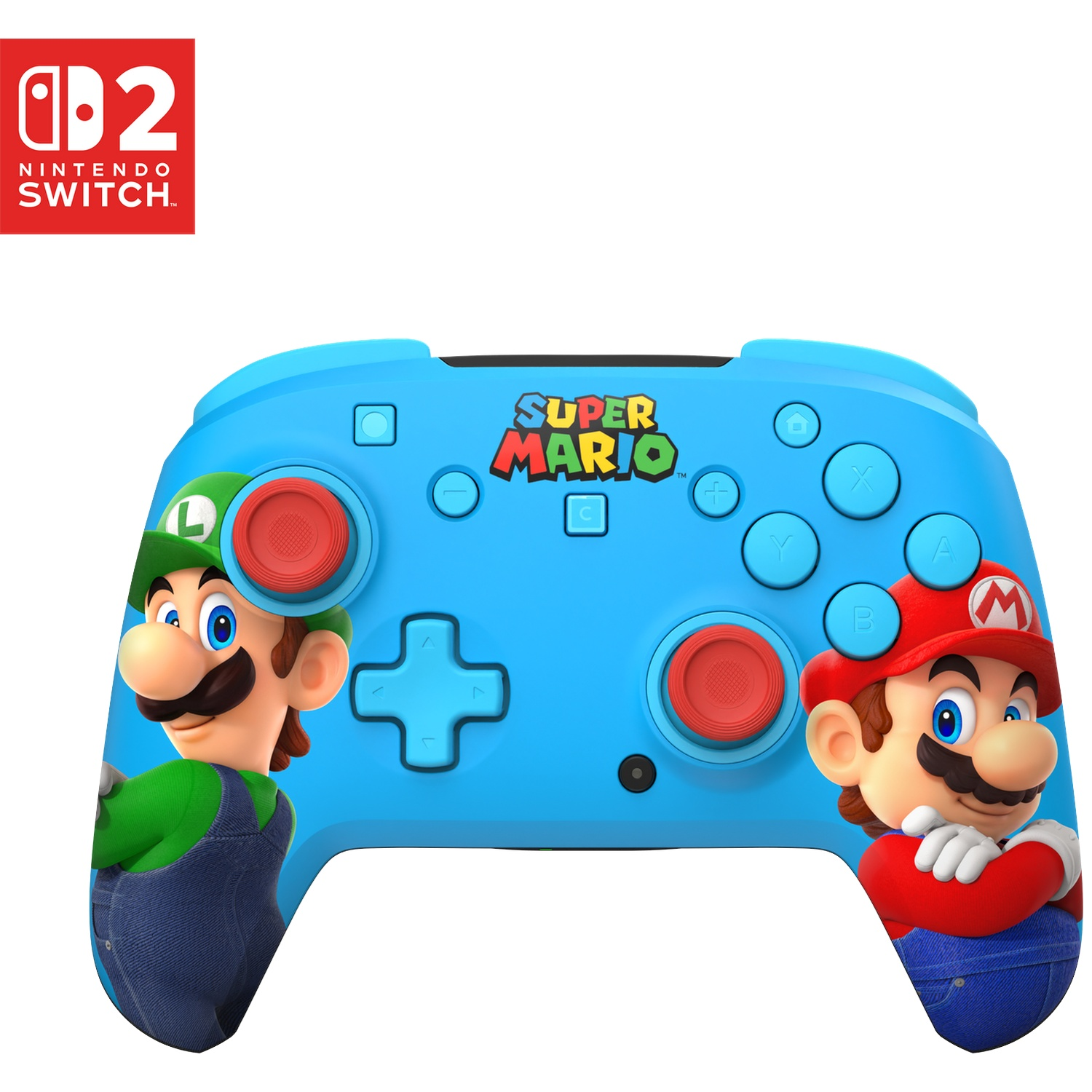 Manette bleue Nintendo Switch Pro avec Mario et Luigi, logo Super Mario.