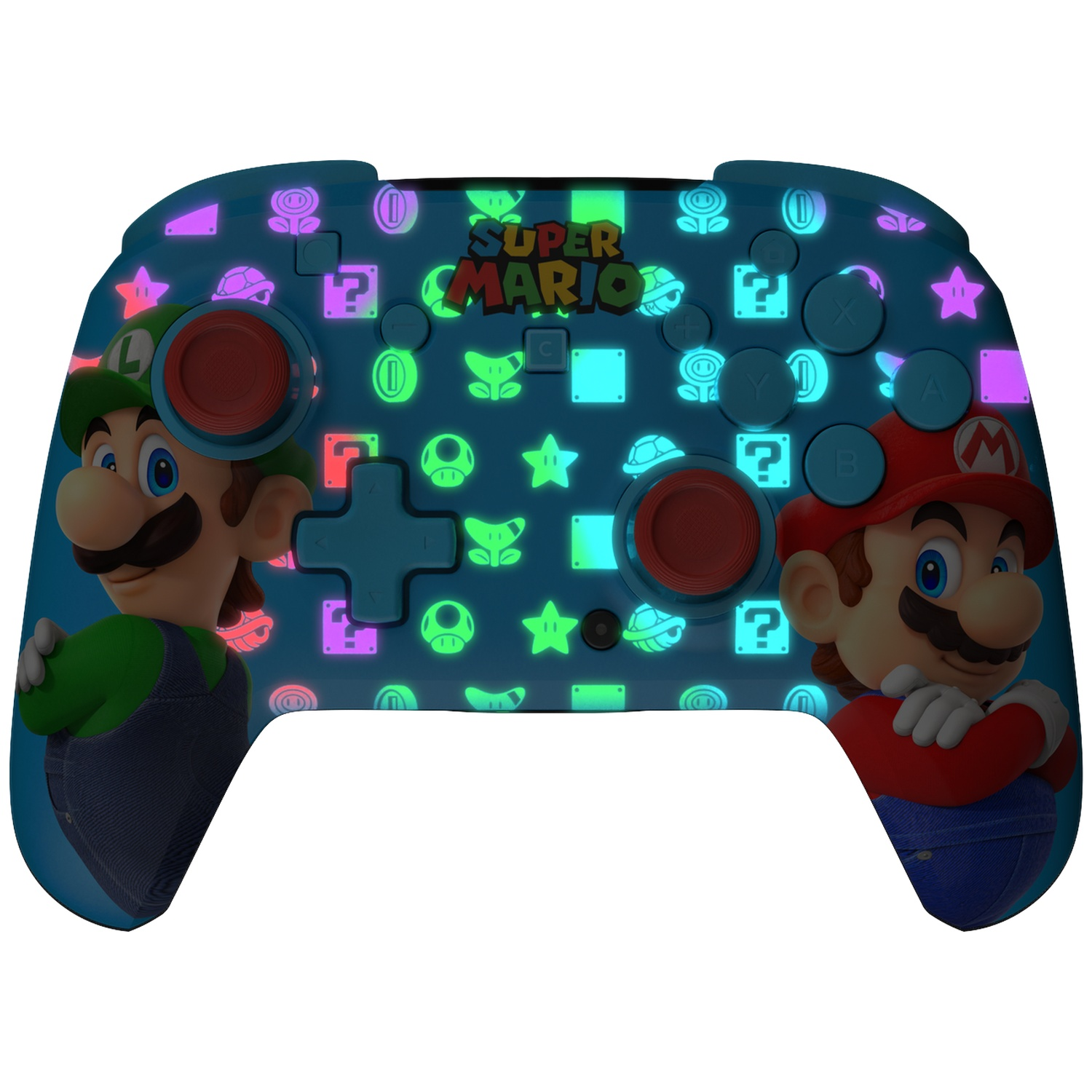 Une manette bleue avec Mario et Luigi, des icônes lumineuses et le logo Super Mario.
