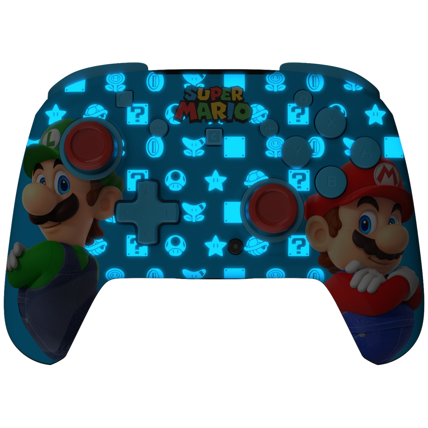 Une manette bleue avec Mario et Luigi, décorée d'icônes Super Mario.