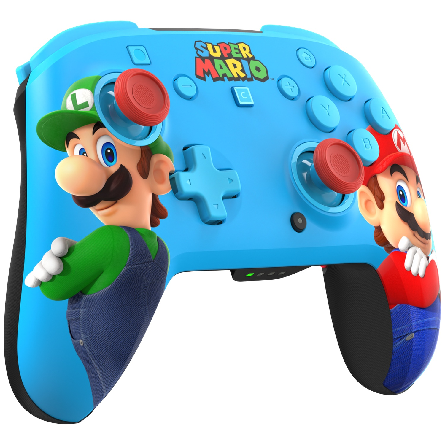 Manette bleue Nintendo Switch avec les personnages de Mario et Luigi. Boutons bleu clair.
