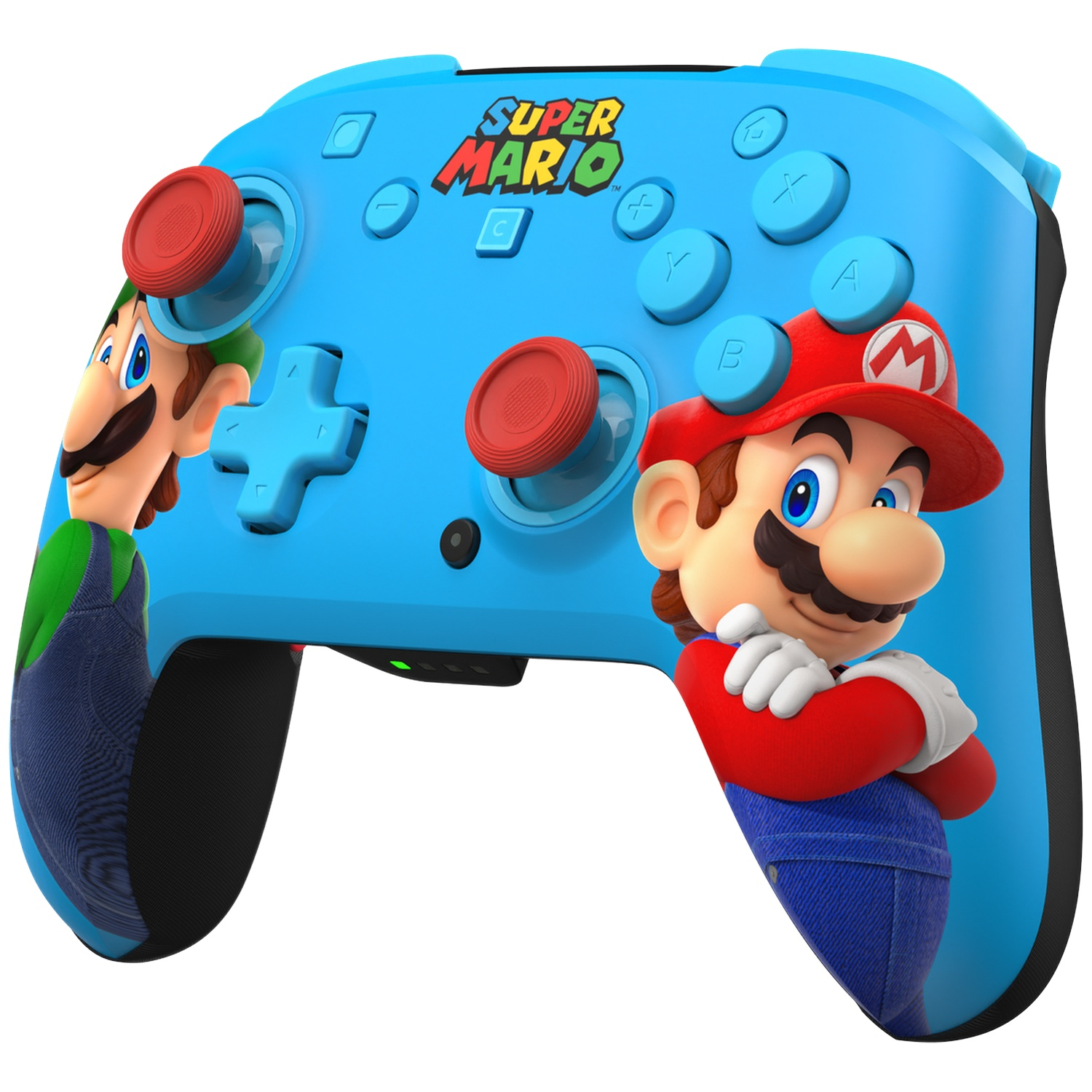 Une manette bleue avec Mario et Luigi. Logo "Super Mario".