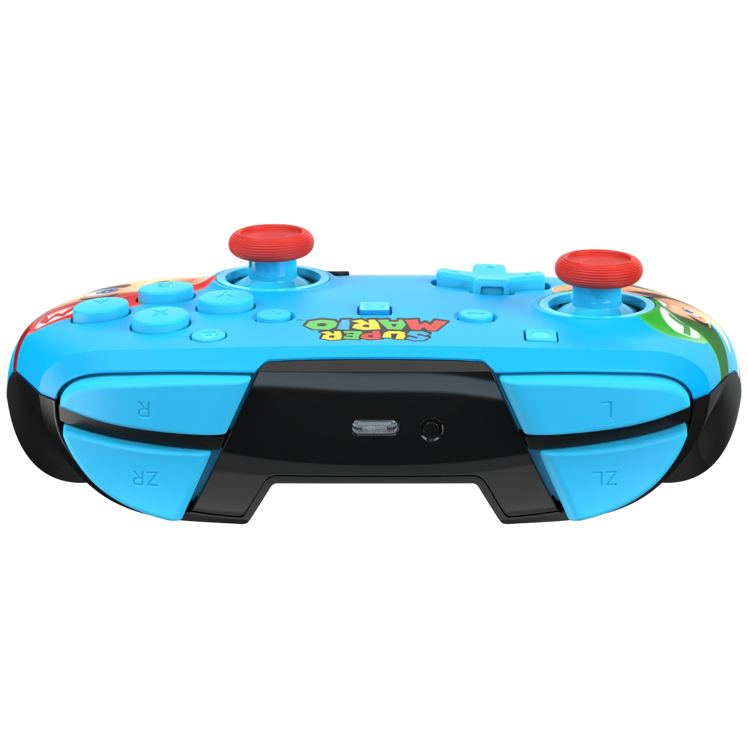 Une manette bleue Nintendo Switch avec graphismes Super Mario et joysticks rouges.