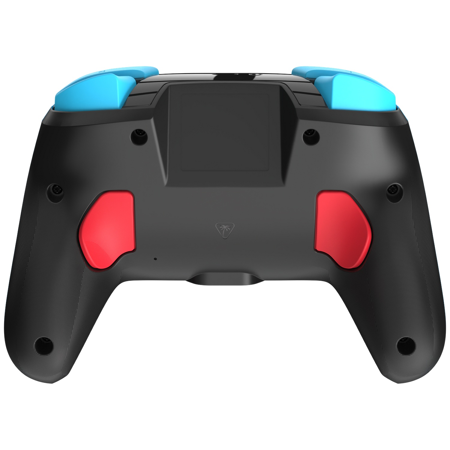 Manette de jeu noire avec accents bleus et rouges, vue arrière.