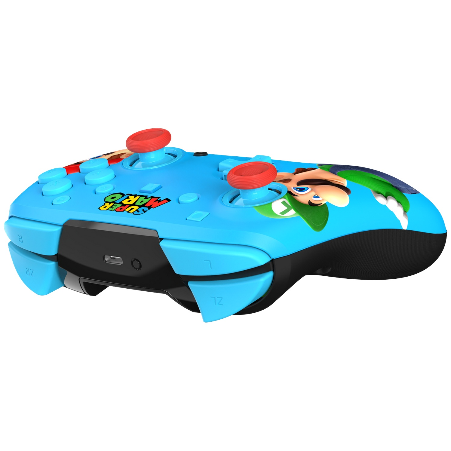 Une manette bleue Nintendo Switch avec Luigi et logo Super Mario.
