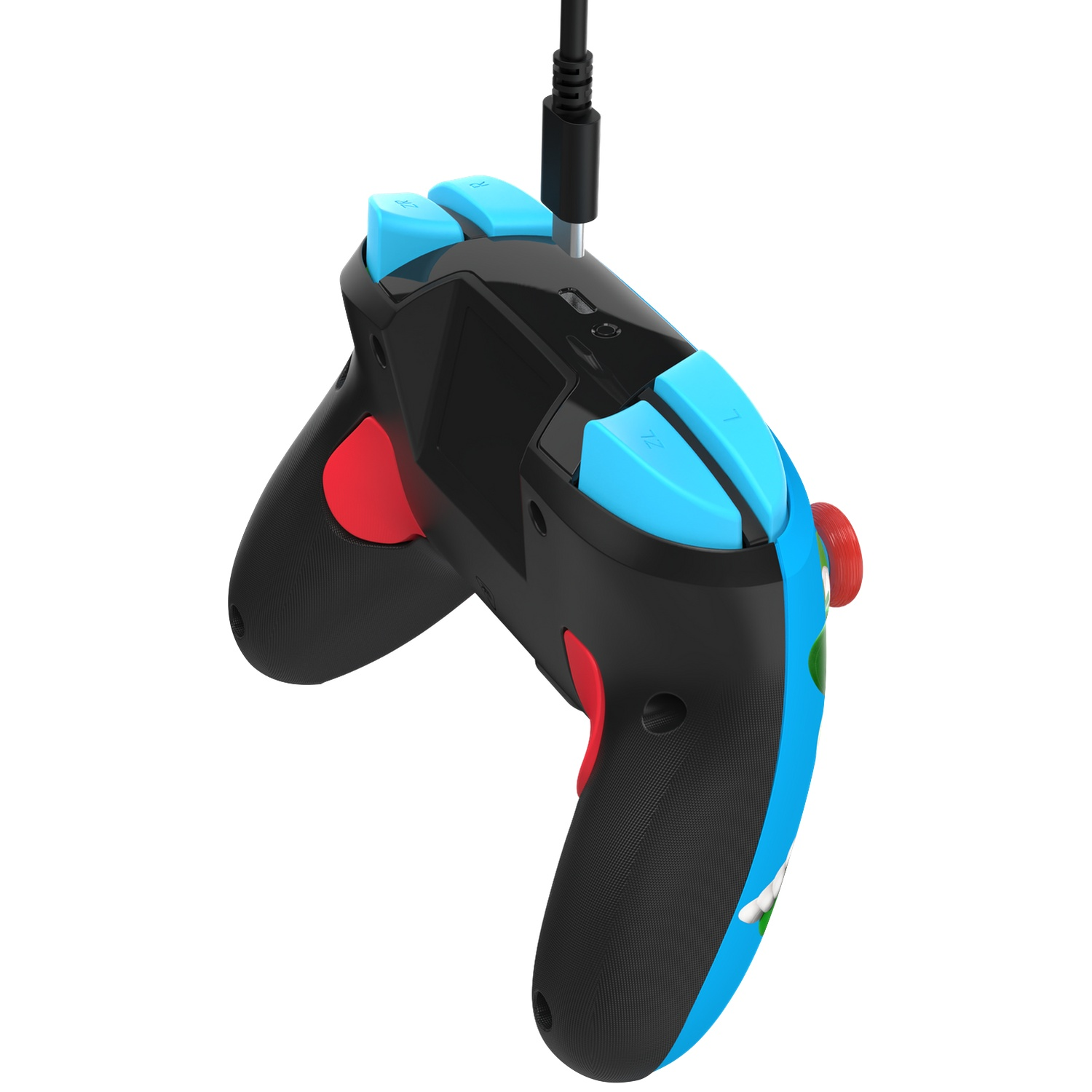 Une manette de jeu noire avec des boutons bleus et des accents rouges, reliée par câble.