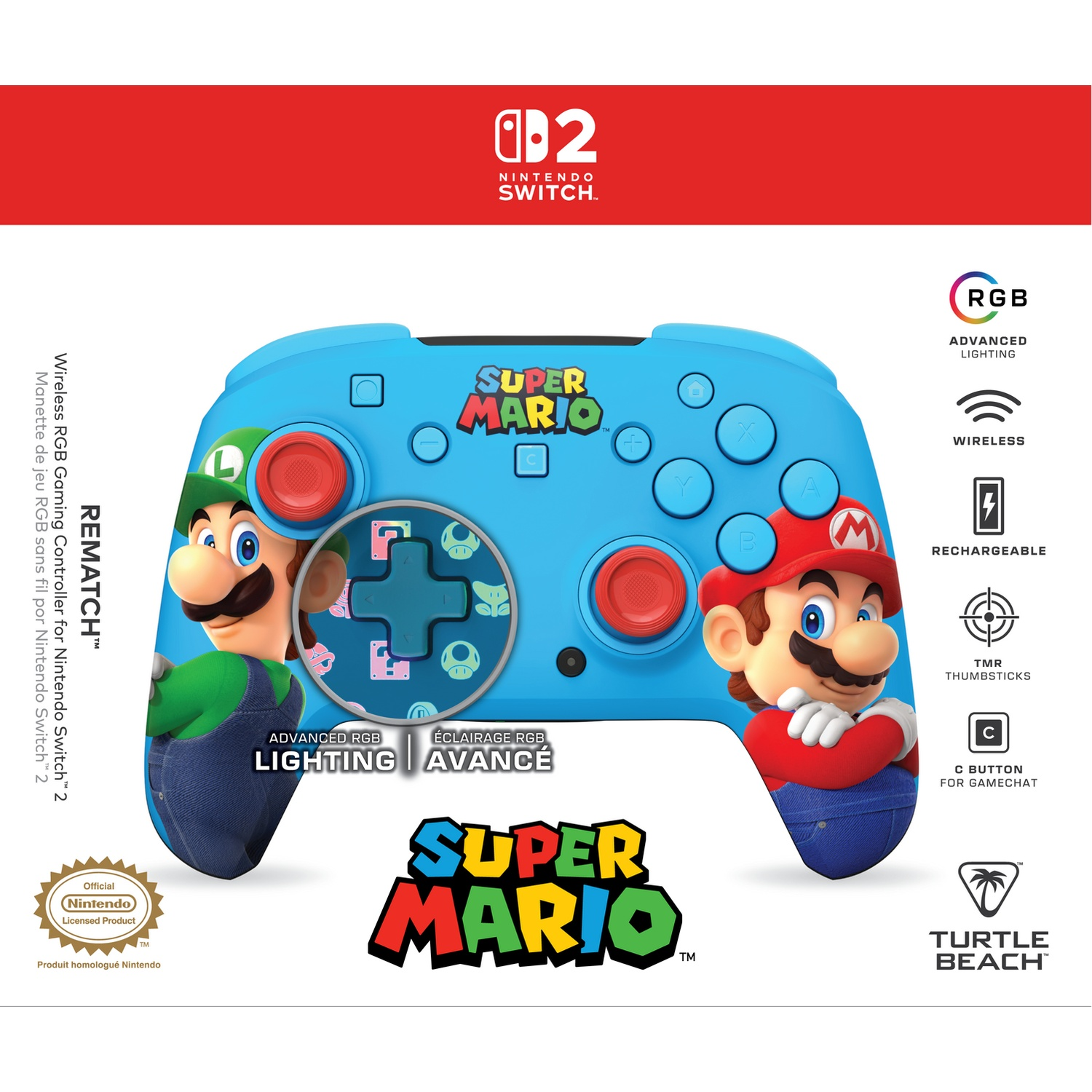 Une manette bleue Nintendo Switch avec Super Mario et Luigi.