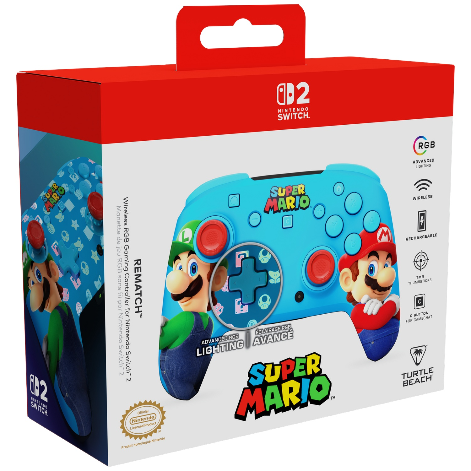 Une boîte de manette bleue Nintendo Switch avec Mario et Luigi.