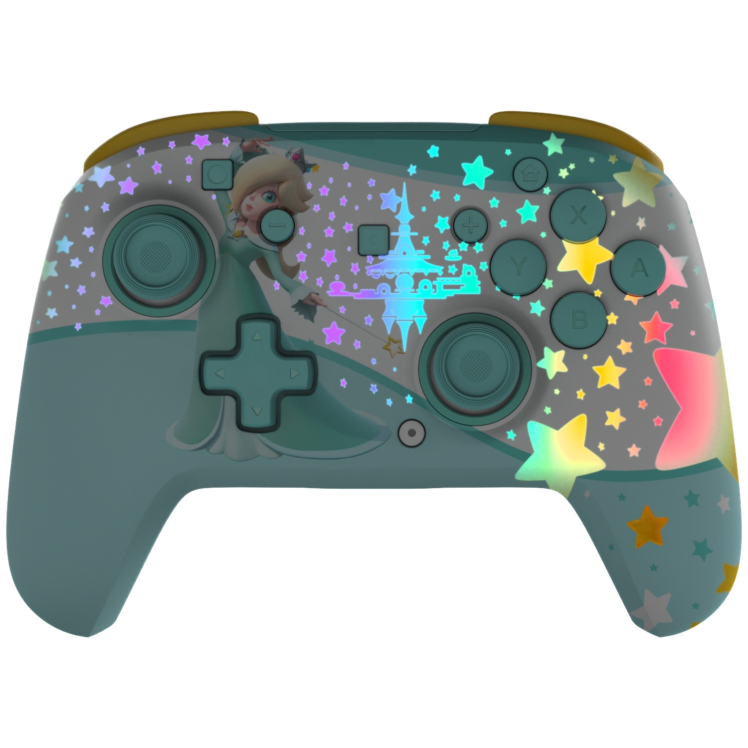 Manette bleu sarcelle avec design Rosalina et étoiles. Comprend des boutons, des joysticks et un graphique de château.