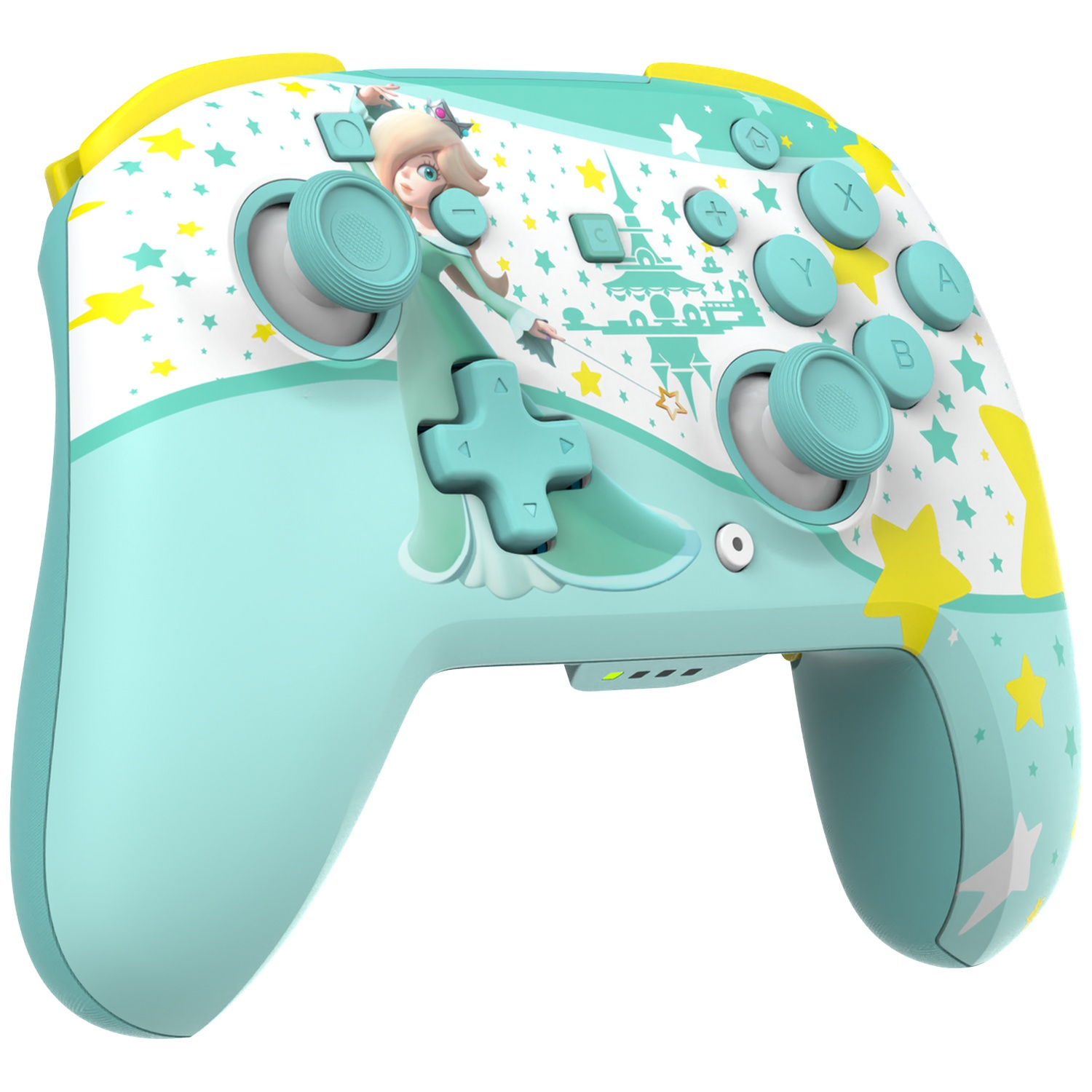 Une manette vert menthe avec Rosalina, des étoiles et un château.