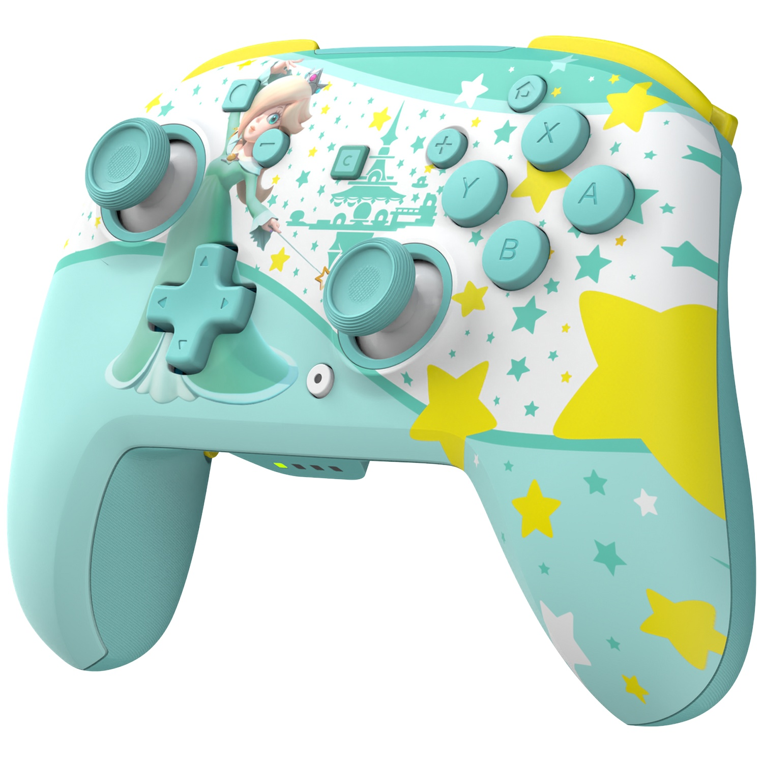 Une manette vert menthe à motif étoilé et illustration de Rosalina.