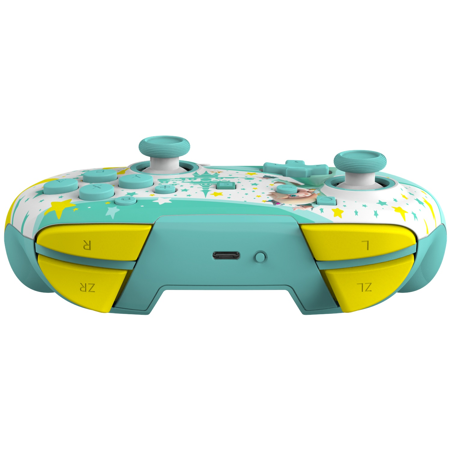 Manette turquoise avec boutons jaunes, étoiles et une figurine de princesse.