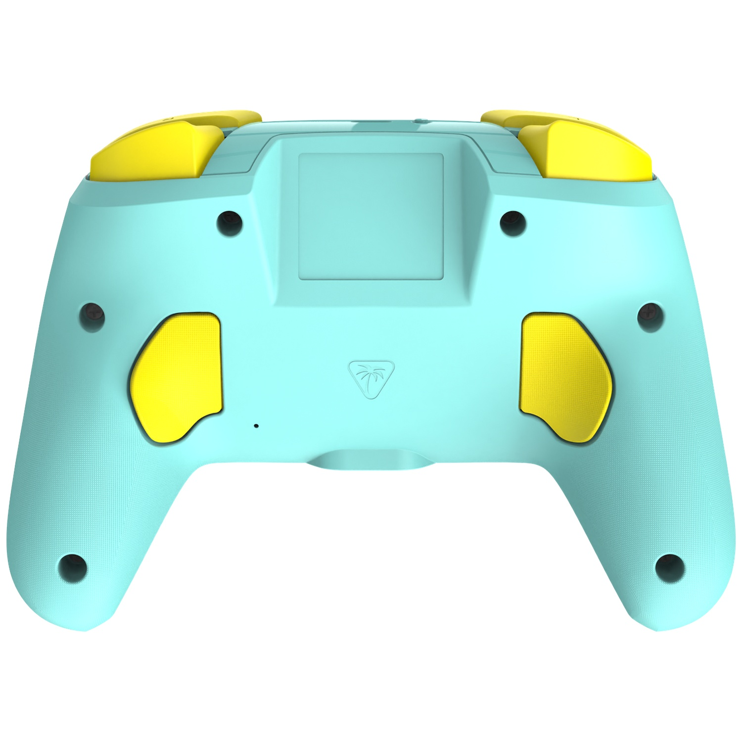 Dos d'une manette turquoise avec accents jaunes, fond blanc.