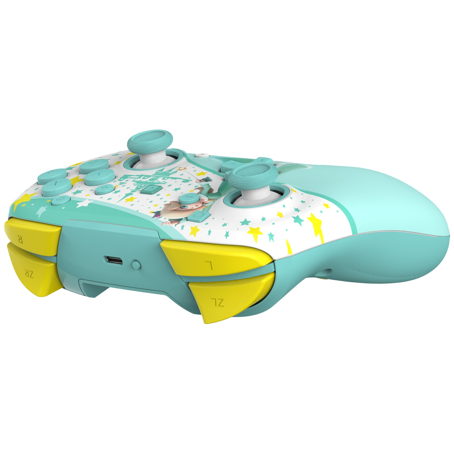 Une manette de jeu vidéo turquoise et jaune avec des étoiles et personnages de dessin animé.