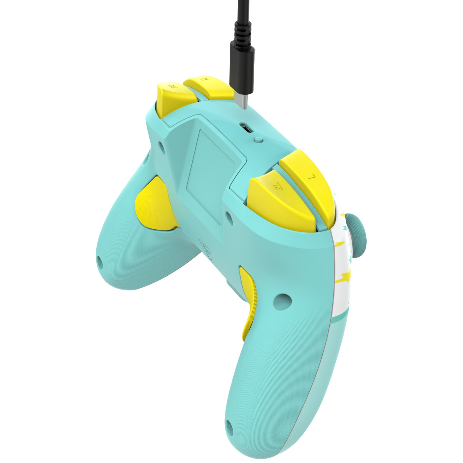 Une manette turquoise avec des boutons jaunes et un câble noir branché.