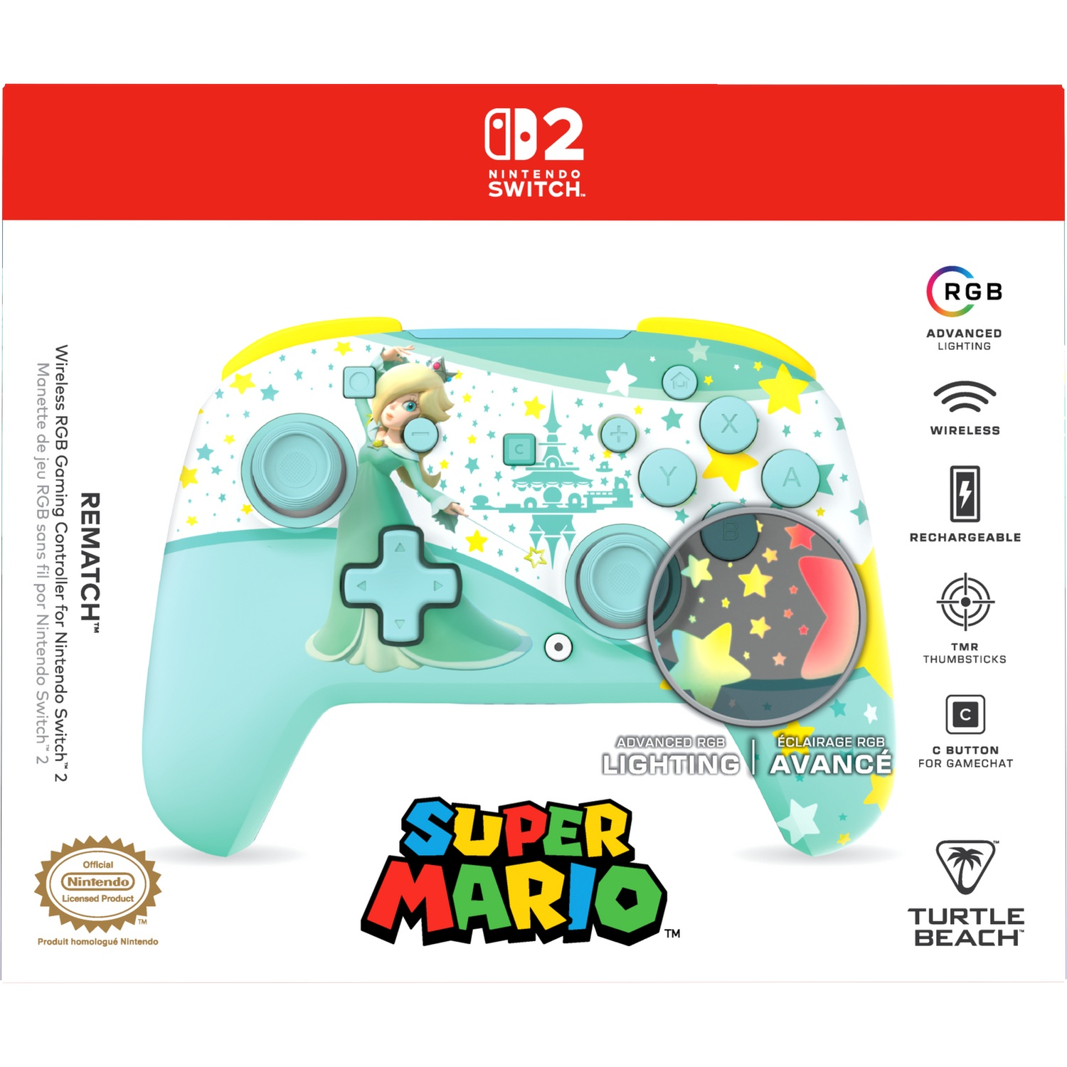 Manette Nintendo Switch avec design Rosalina et logo Super Mario.