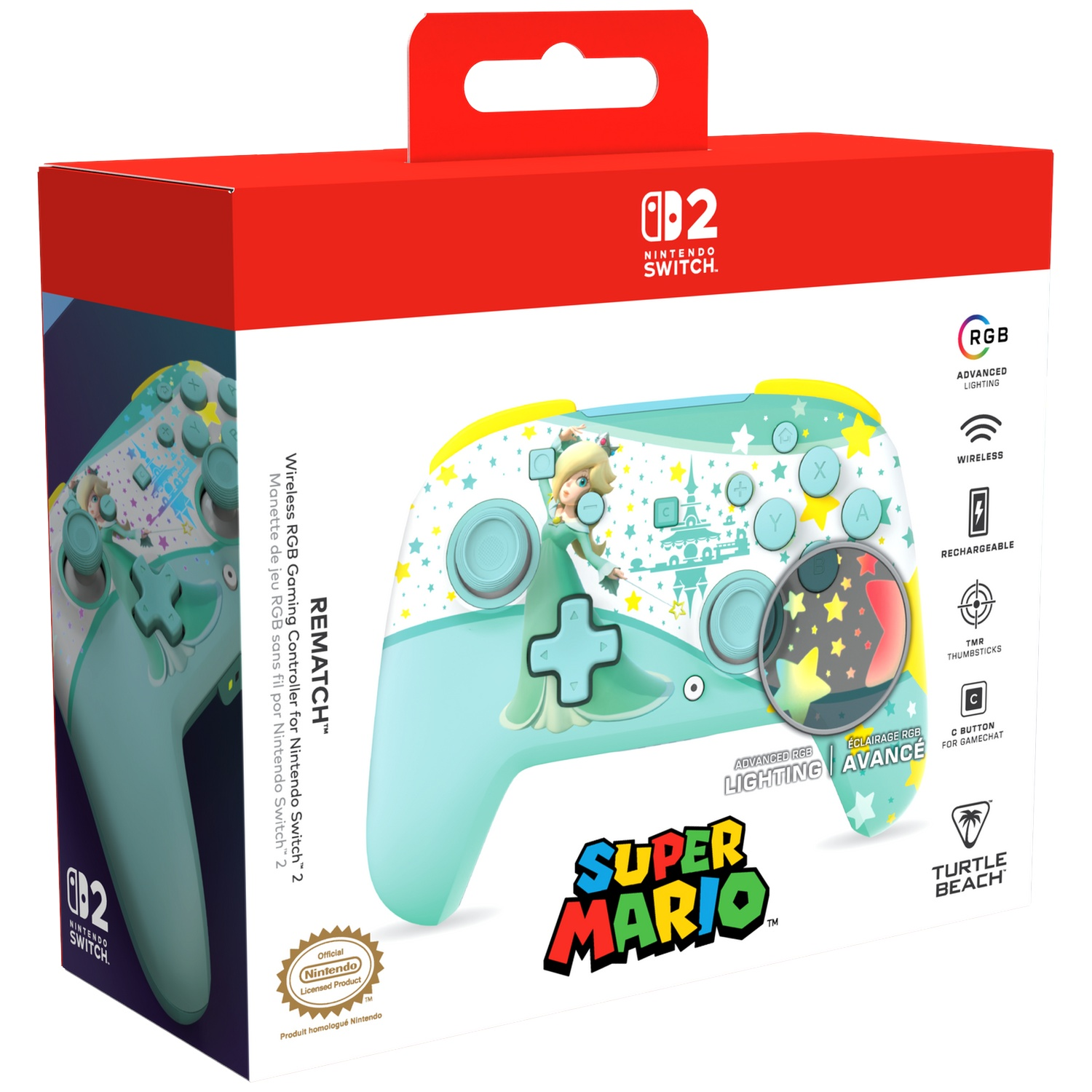 Emballage d'une manette Nintendo Switch vert menthe avec motif Rosalina.