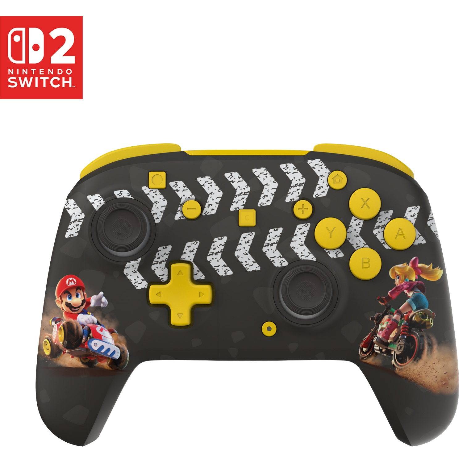 Manette Nintendo Switch avec Mario et Peach en course. Noir avec accents jaunes.