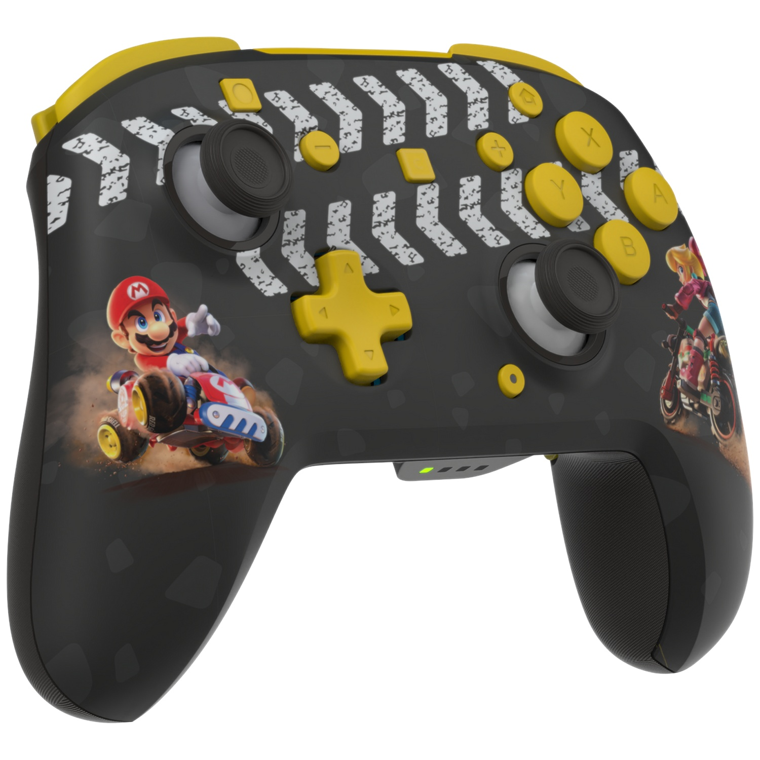 Manette noire avec graphismes Mario, boutons jaunes et rayures de course.
