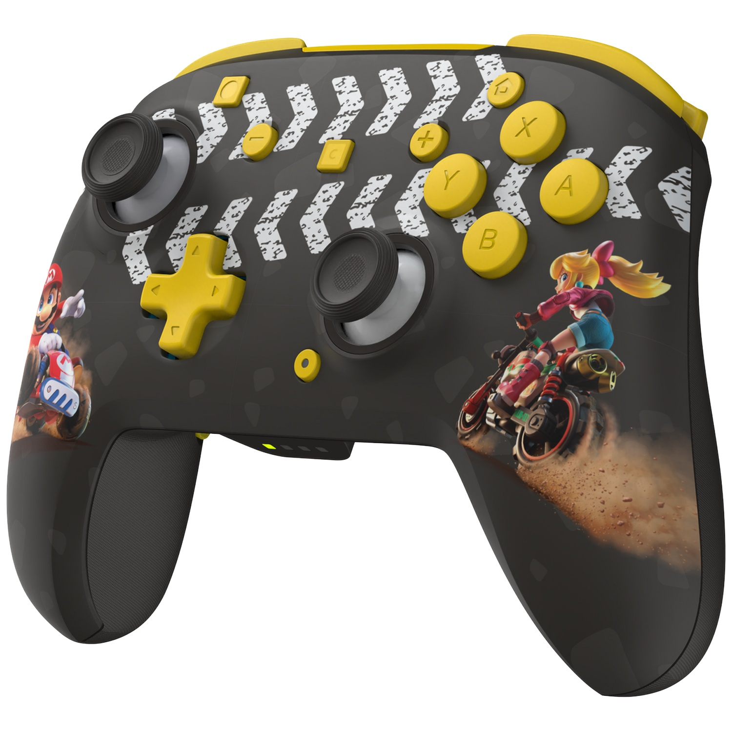 Manette noire avec art Mario Kart : Mario et Peach sur des motos, boutons jaunes.