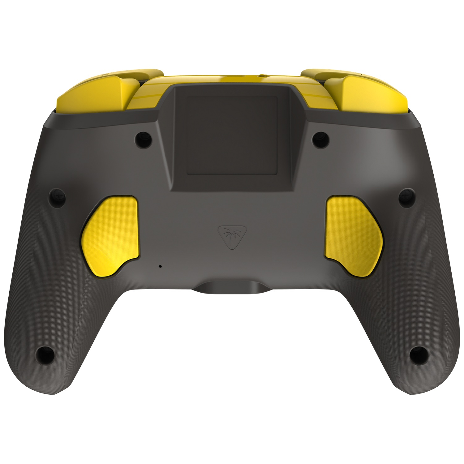 Une manette noire et jaune vue de dos, avec des poignées texturées.