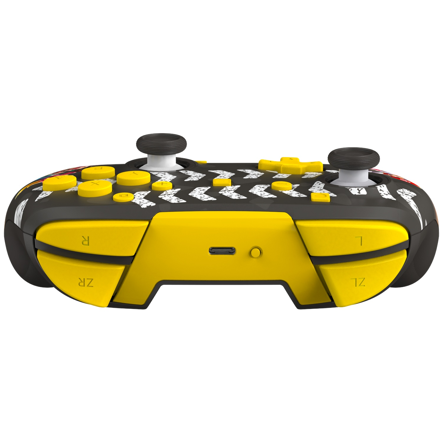 Manette de jeu noire et jaune avec motif de flèches et boutons jaunes.