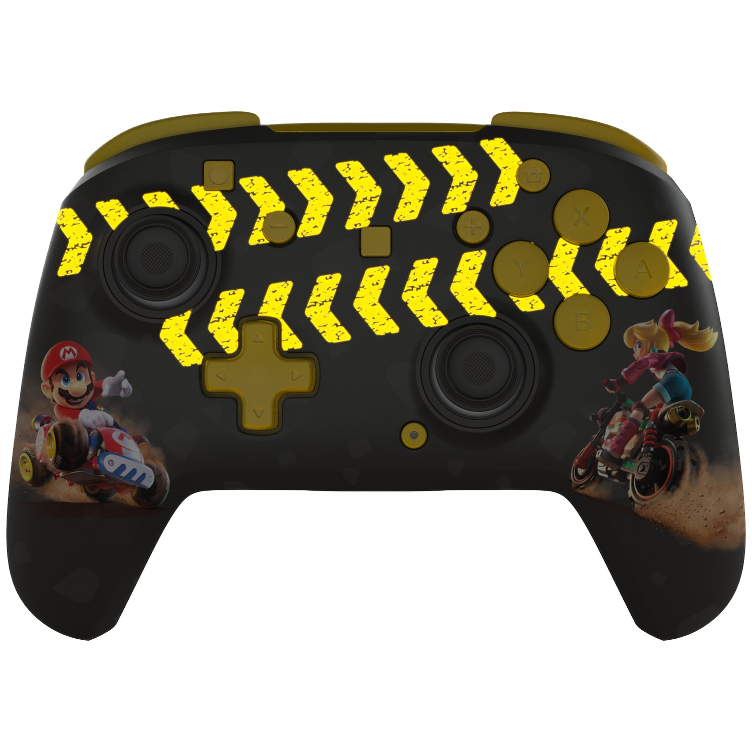Manette noire avec Mario et Peach sur karts, flèches et boutons jaunes.