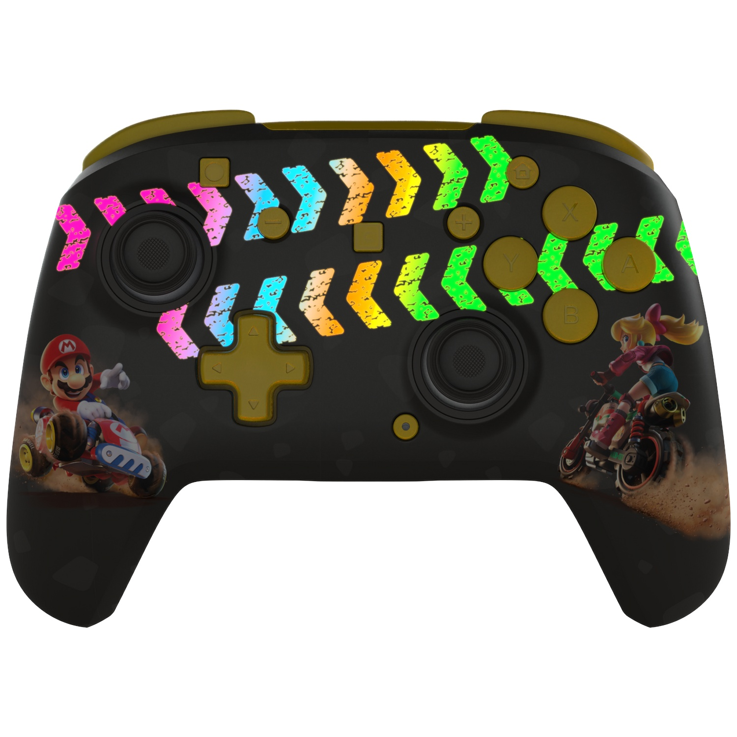 Manette noire avec Mario et Peach sur karts, flèches colorées.