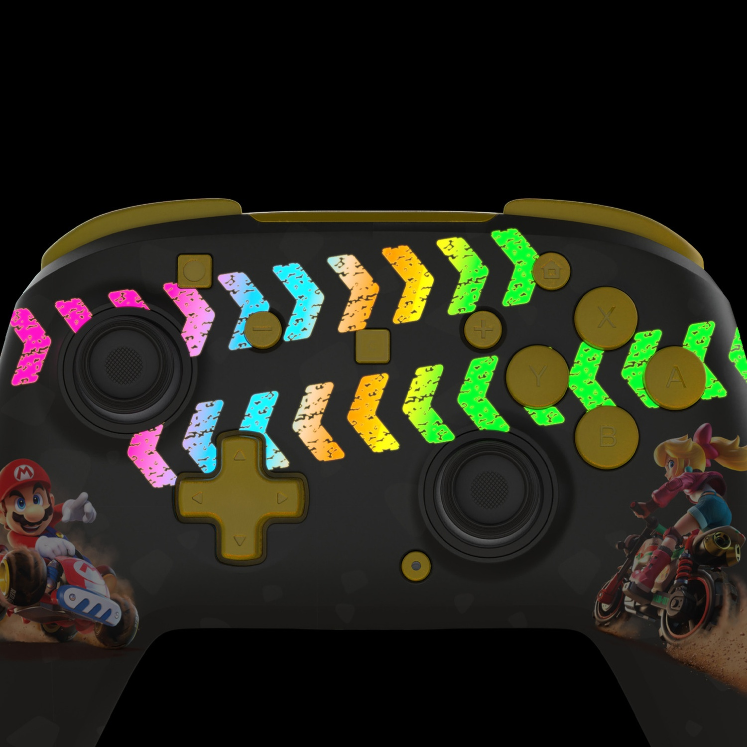 Une manette avec Mario et Peach en kart, ornée de flèches colorées.