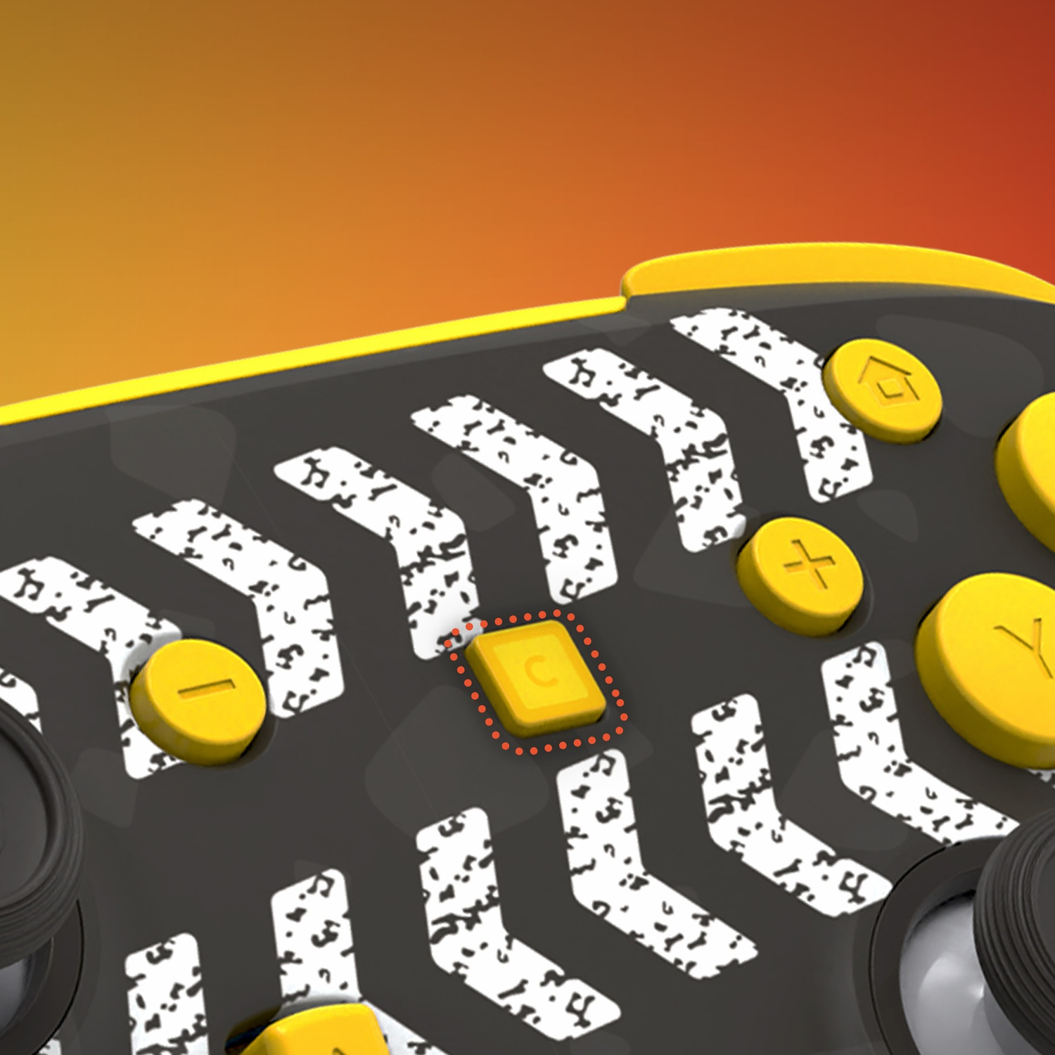 Une manette de jeu jaune avec des flèches noires et blanches. Gros plan.