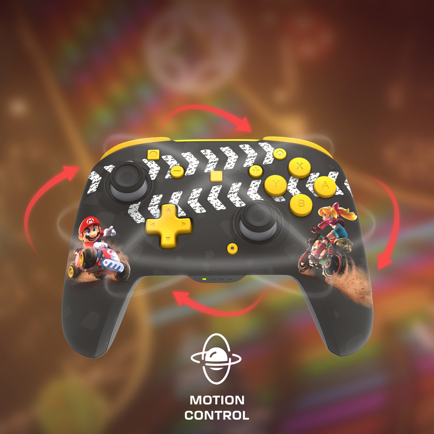 Une manette Mario Kart avec Mario et Peach, entourée de flèches rouges et de graphiques de circuit.