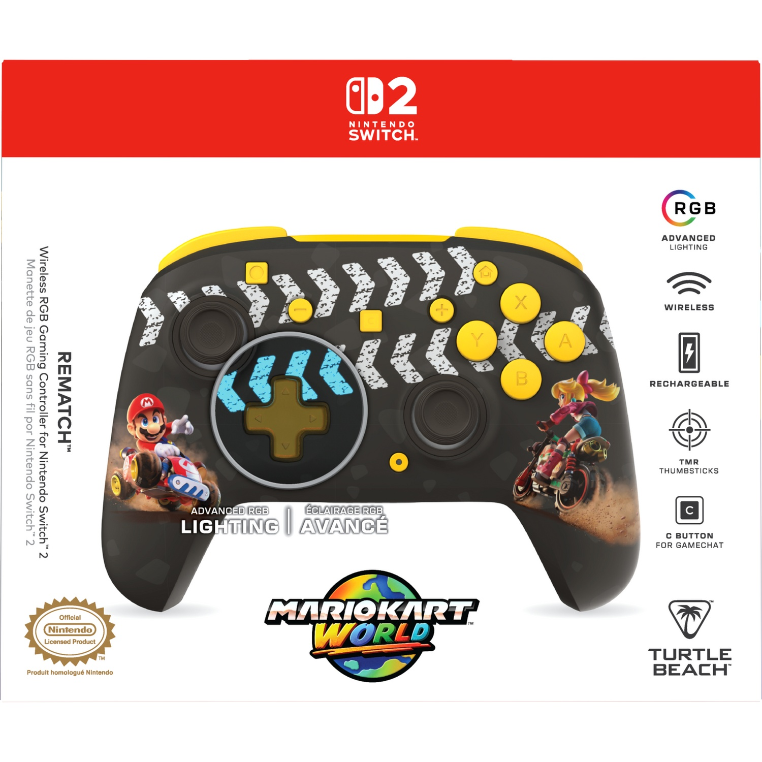 Mario et Peach font la course sur une manette Nintendo Switch noire et jaune avec éclairage RVB.