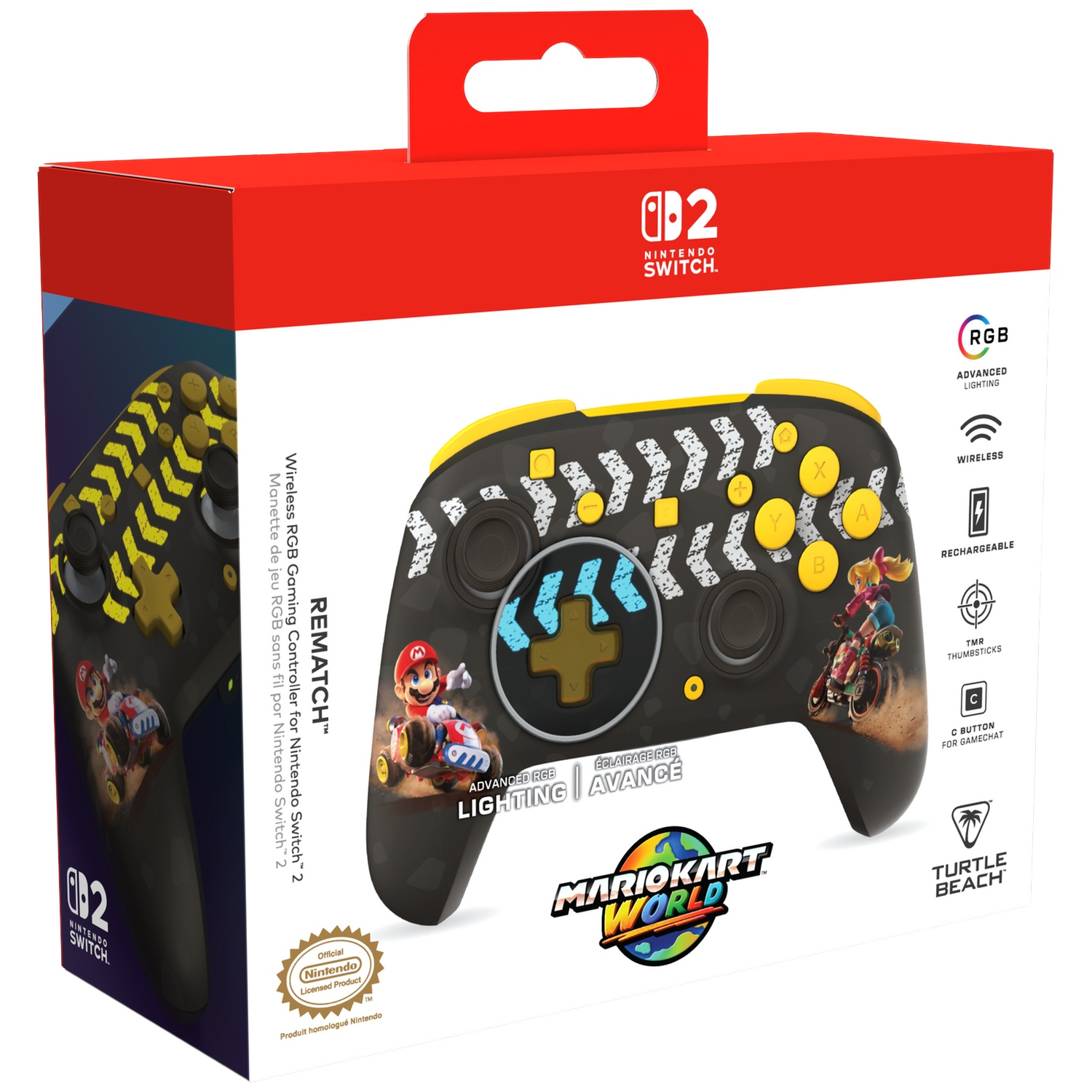Boîte d'une manette noire Nintendo Switch avec graphismes Mario Kart et accents jaunes.